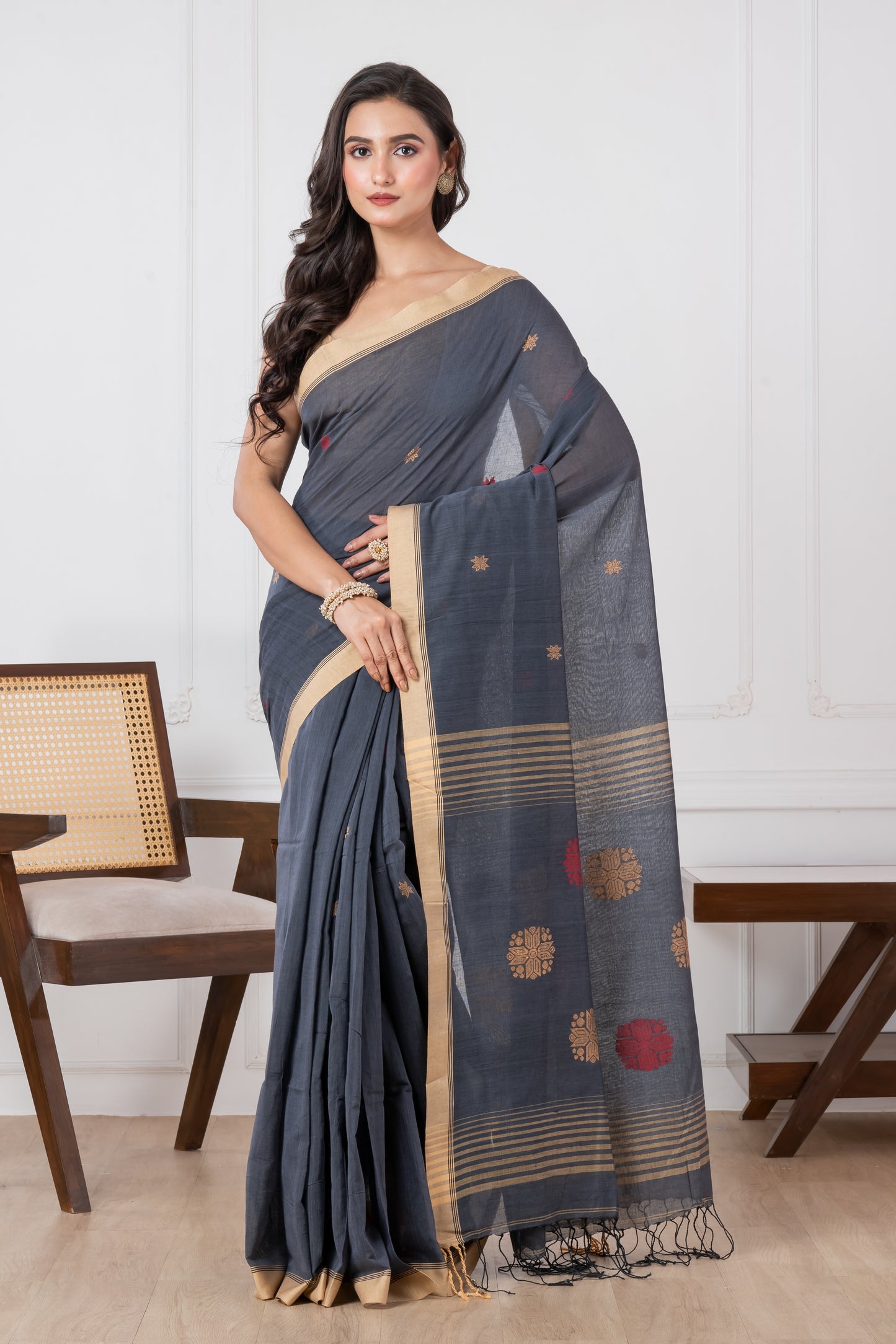 Premium Handloom Gray, Red & Yellow Cotton Saree