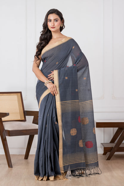 Premium Handloom Gray, Red & Yellow Cotton Saree