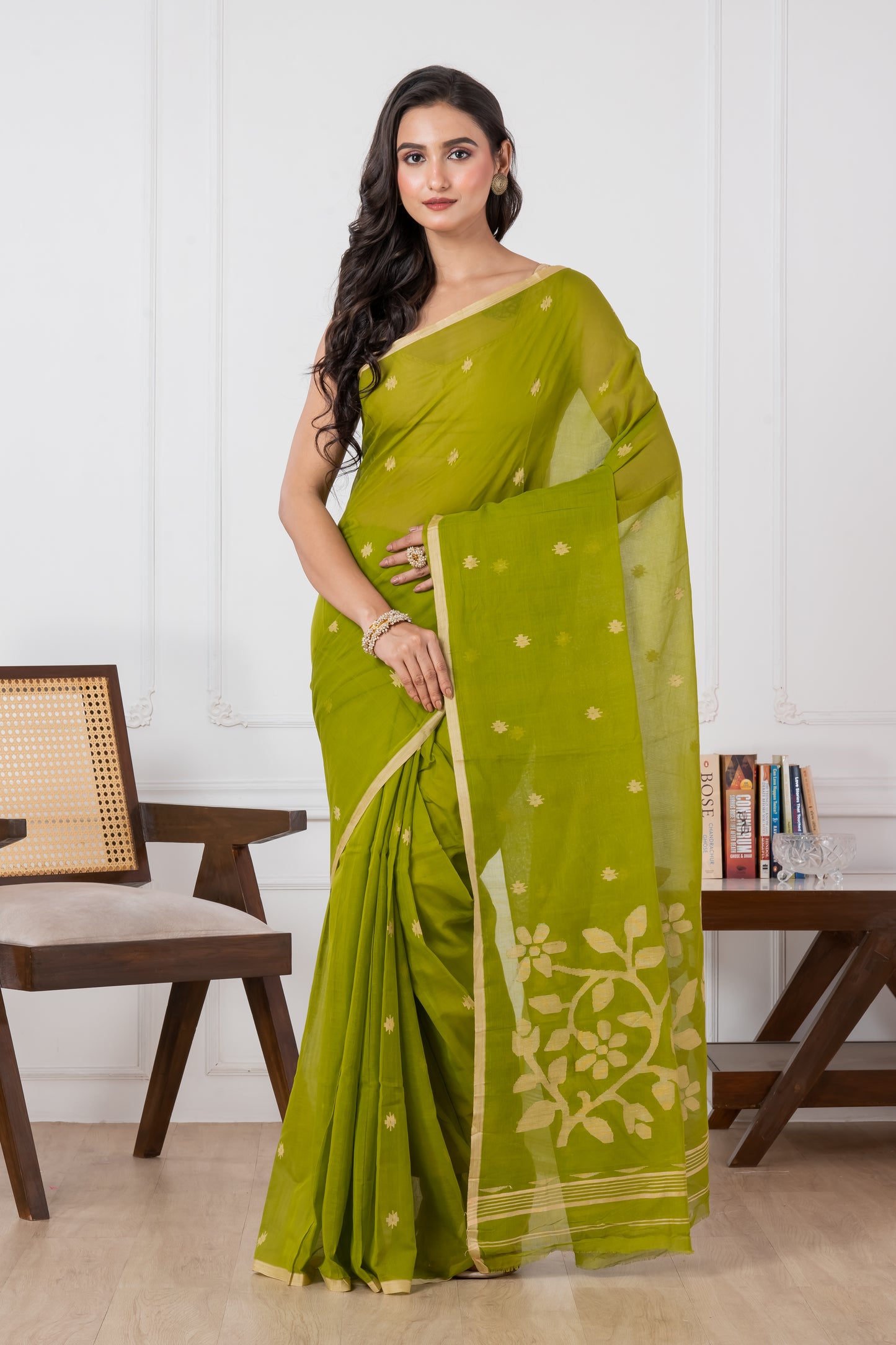 Premium Handloom Avocado Green Flower Motif Jamdani Cotton Saree