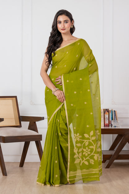 Premium Handloom Avocado Green Flower Motif Jamdani Cotton Saree
