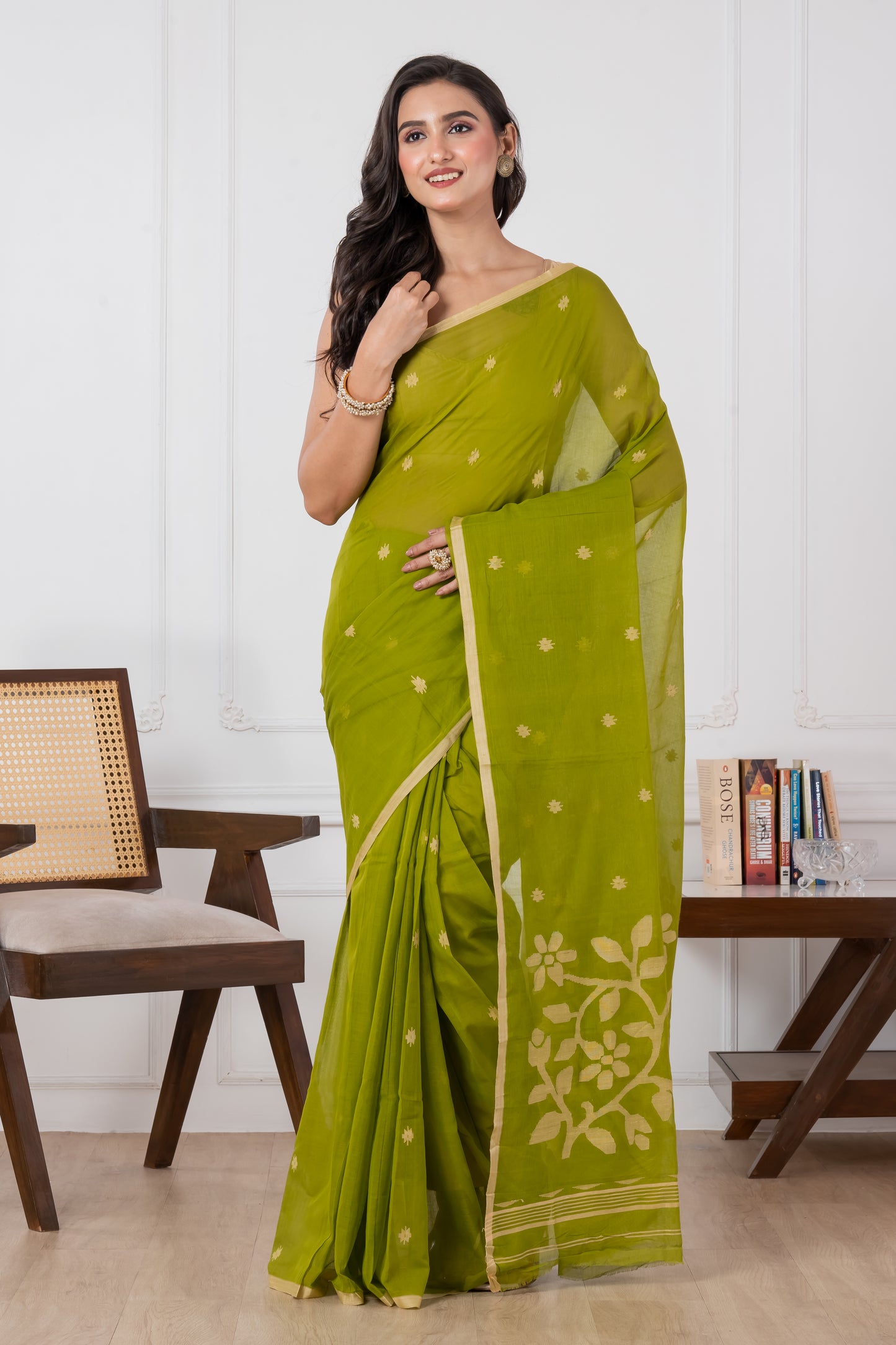 Premium Handloom Avocado Green Flower Motif Jamdani Cotton Saree