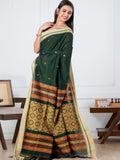 Premium Handloom Mercerized Bottle Green Cotton Bomkai Saree