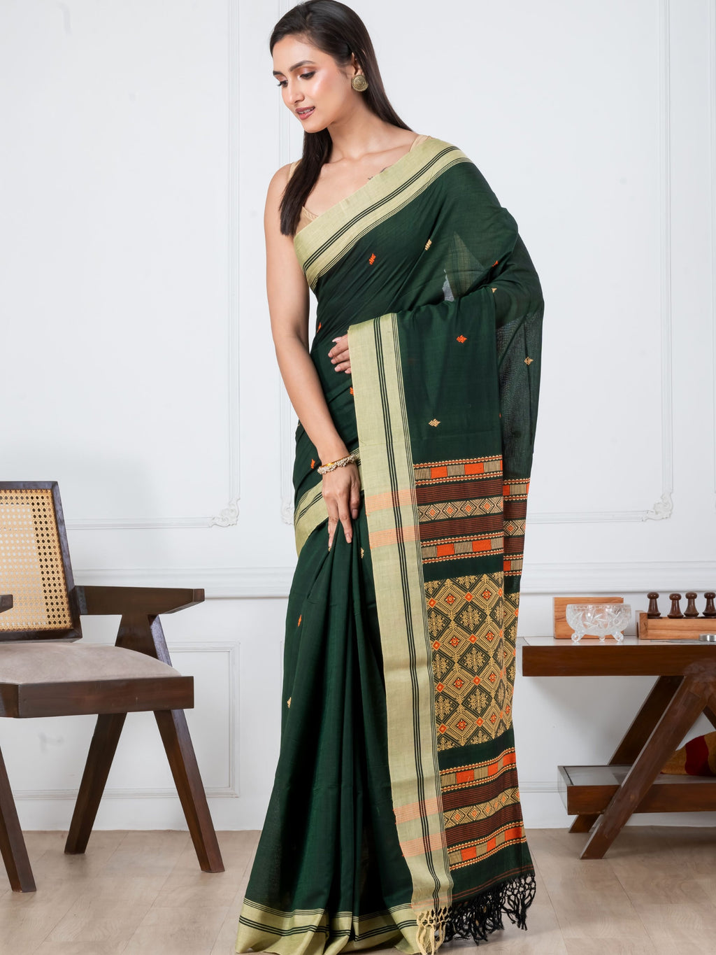 Premium Handloom Mercerized Bottle Green Cotton Bomkai Saree