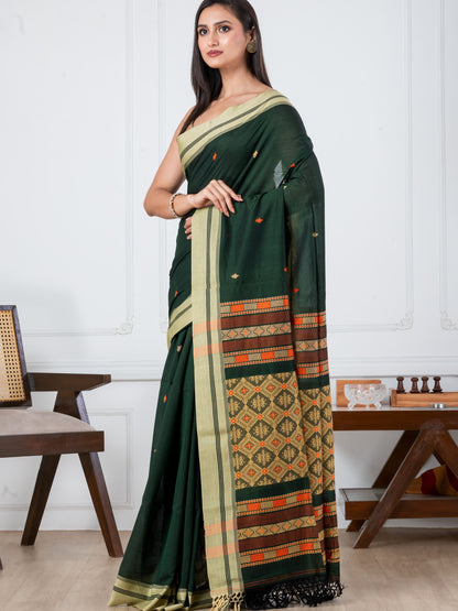 Premium Handloom Mercerized Bottle Green Cotton Bomkai Saree