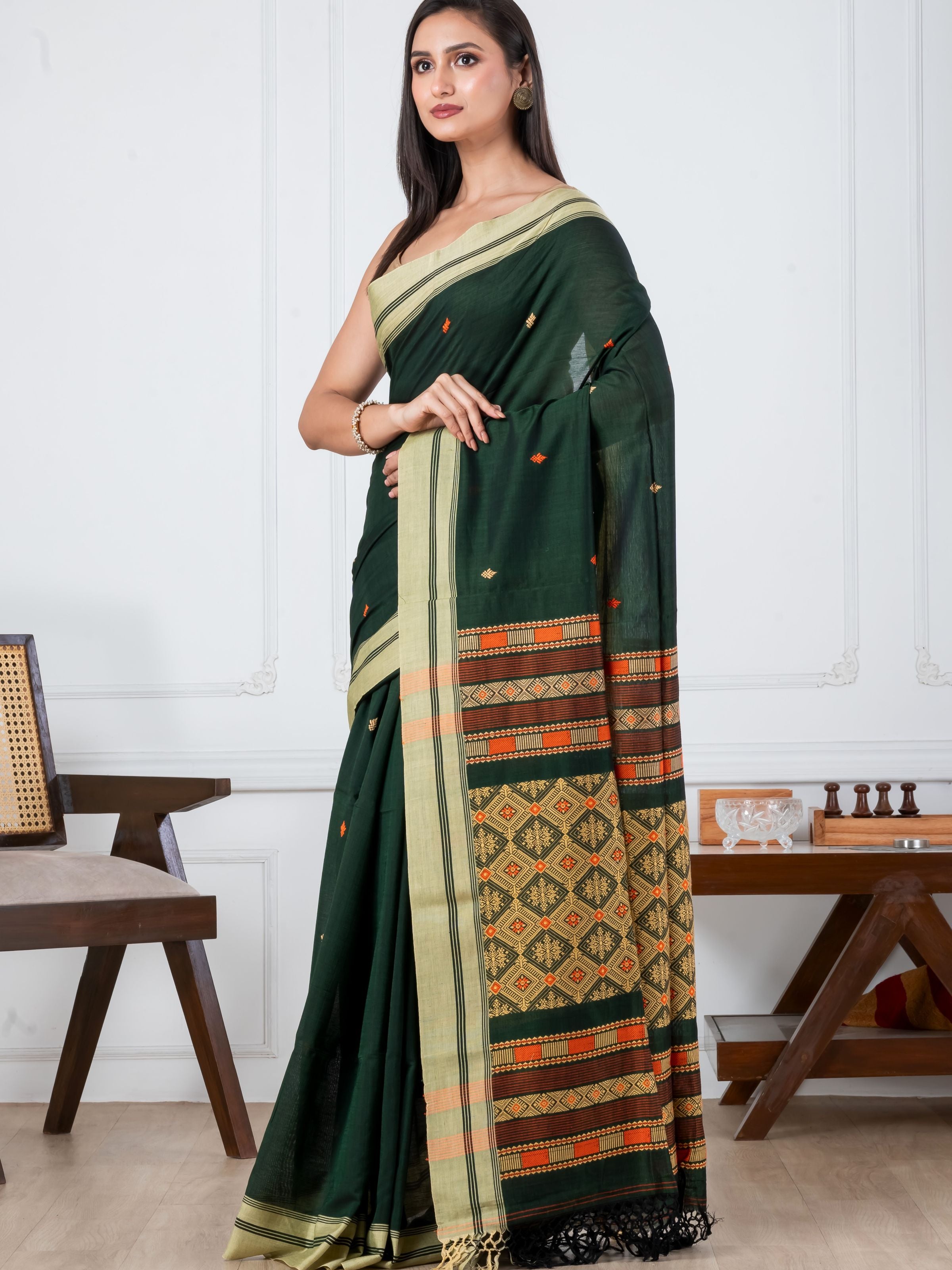 Premium Handloom Mercerized Bottle Green Cotton Bomkai Saree