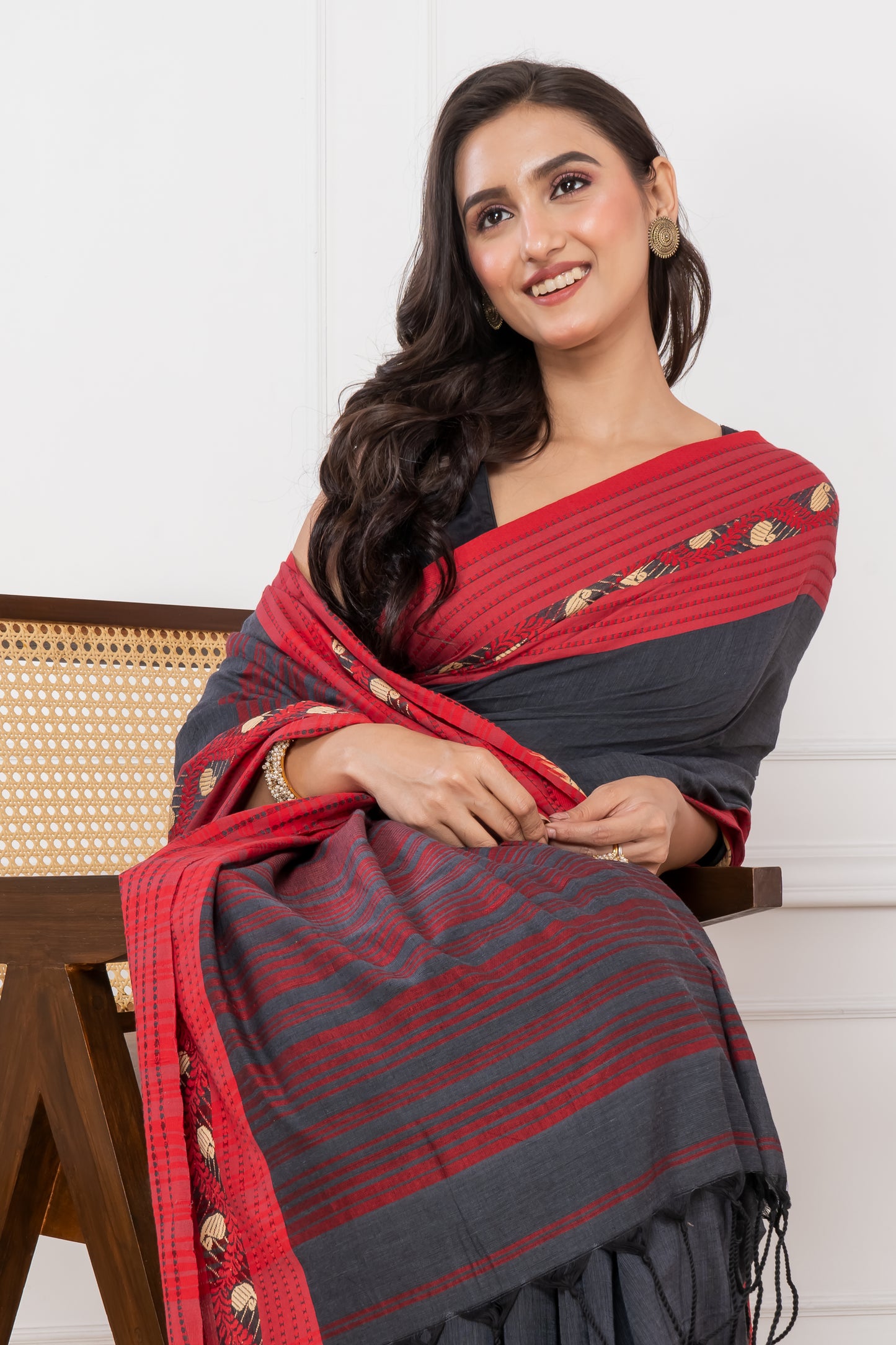 Premium Handloom Slate Black & Red Cotton Saree