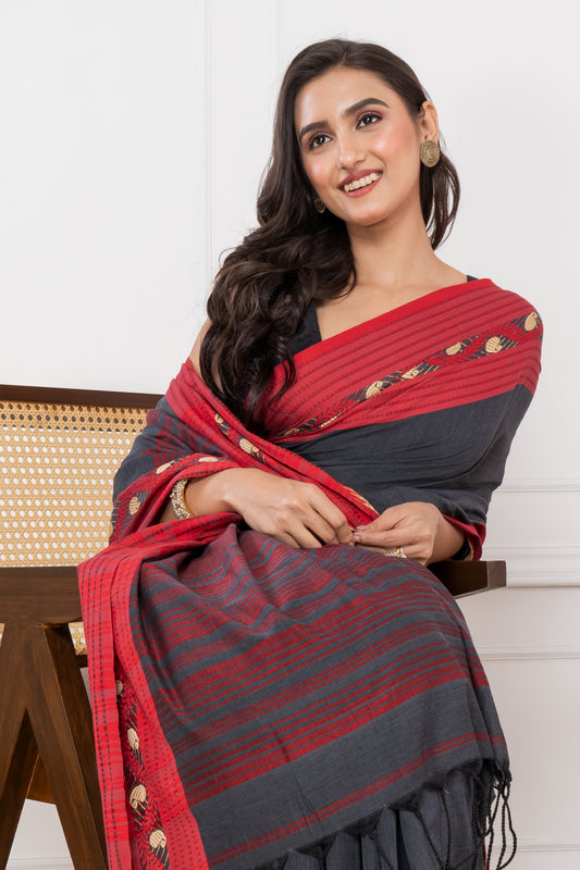 Premium Handloom Slate Black & Red Cotton Saree