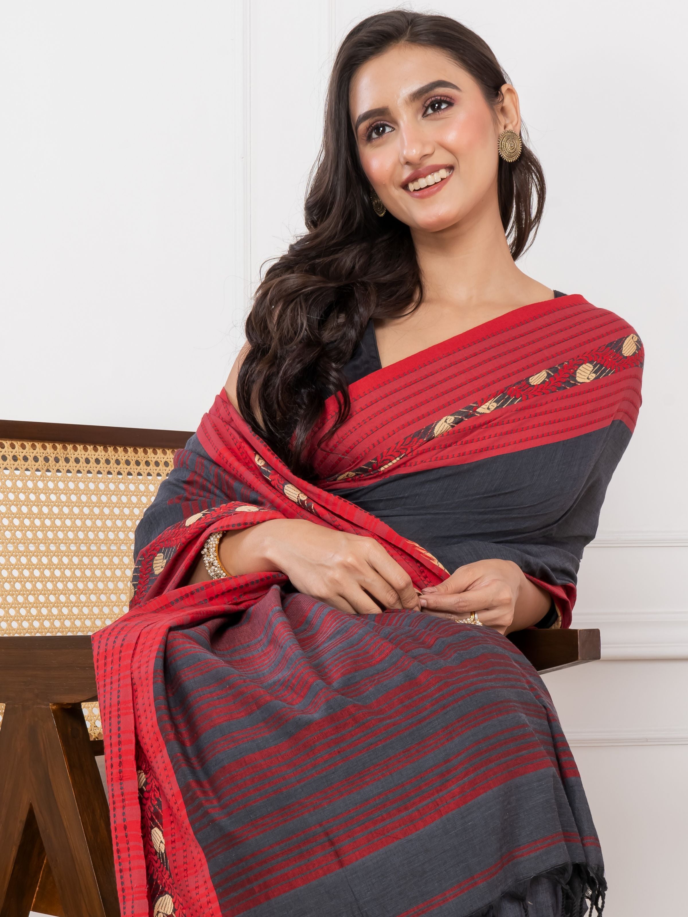 Premium Handloom Slate Black & Red Cotton Saree