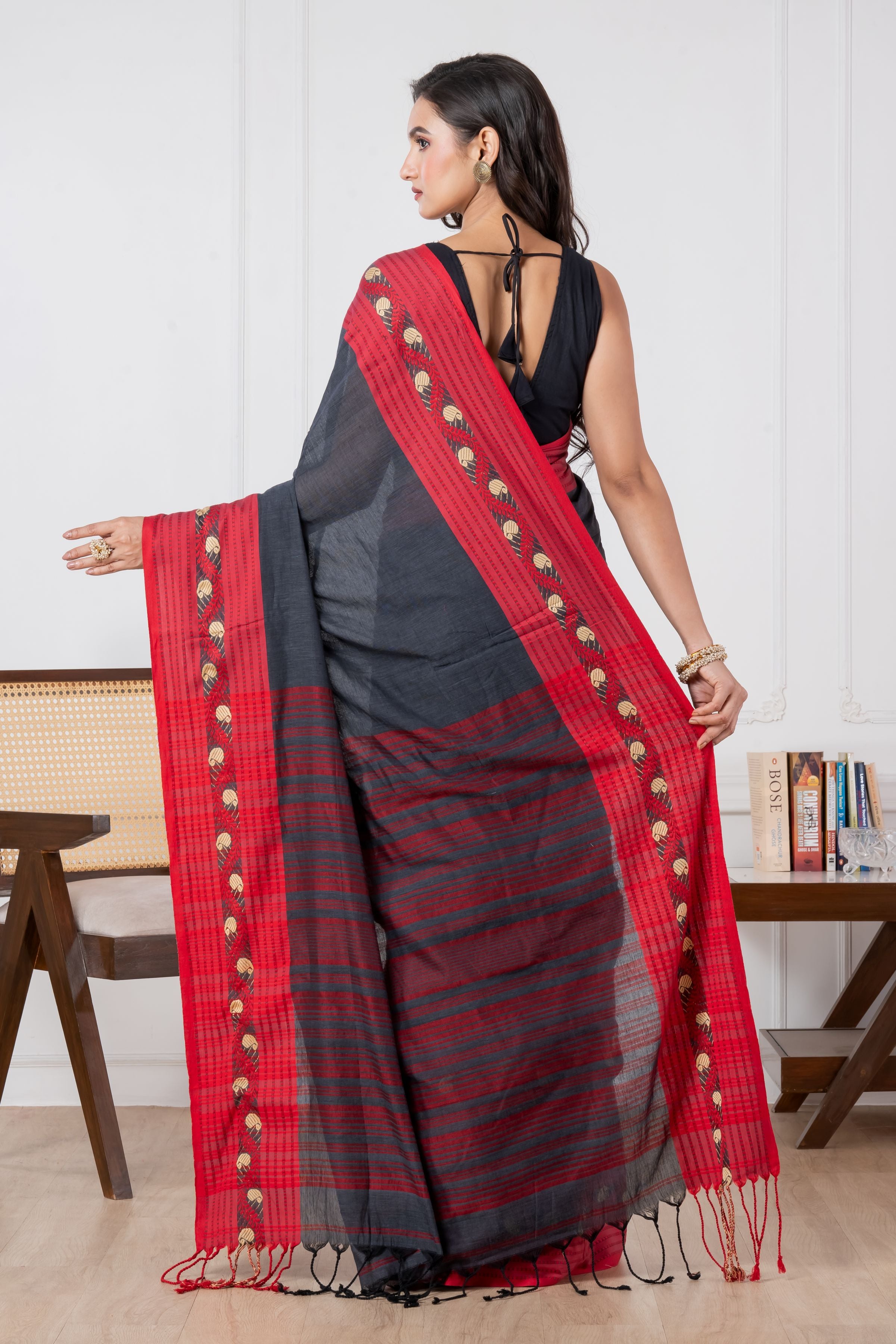 Premium Handloom Slate Black & Red Cotton Saree