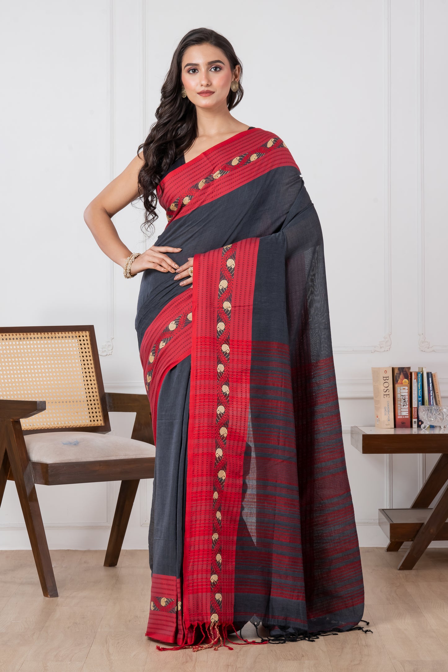 Premium Handloom Slate Black & Red Cotton Saree