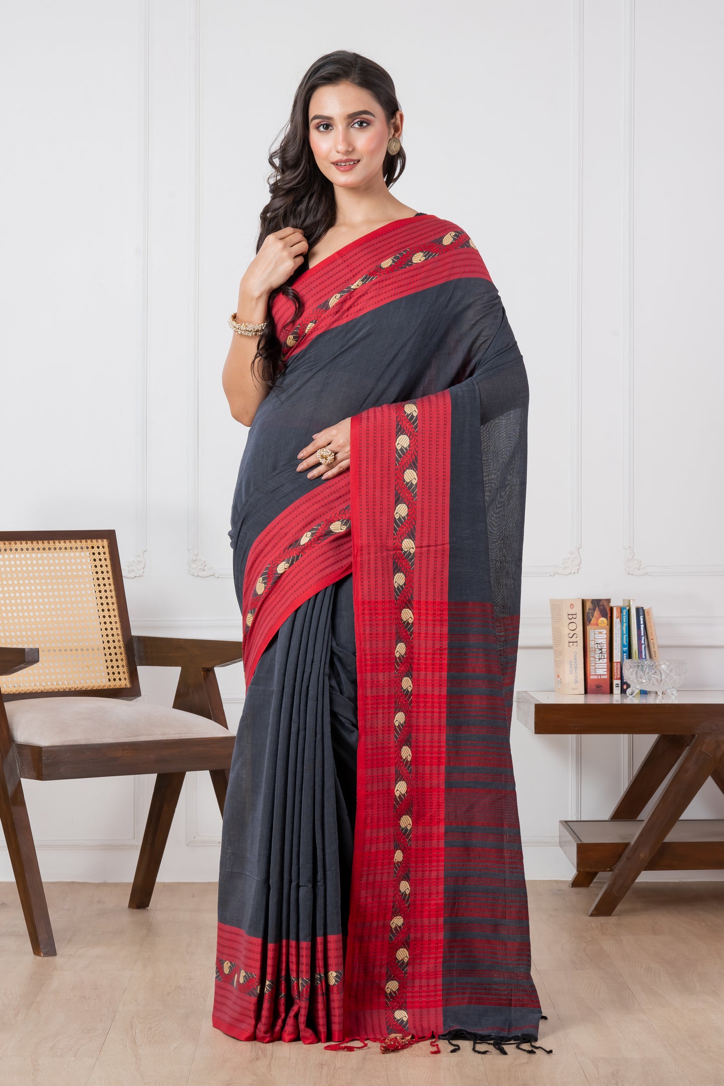 Premium Handloom Slate Black & Red Cotton Saree