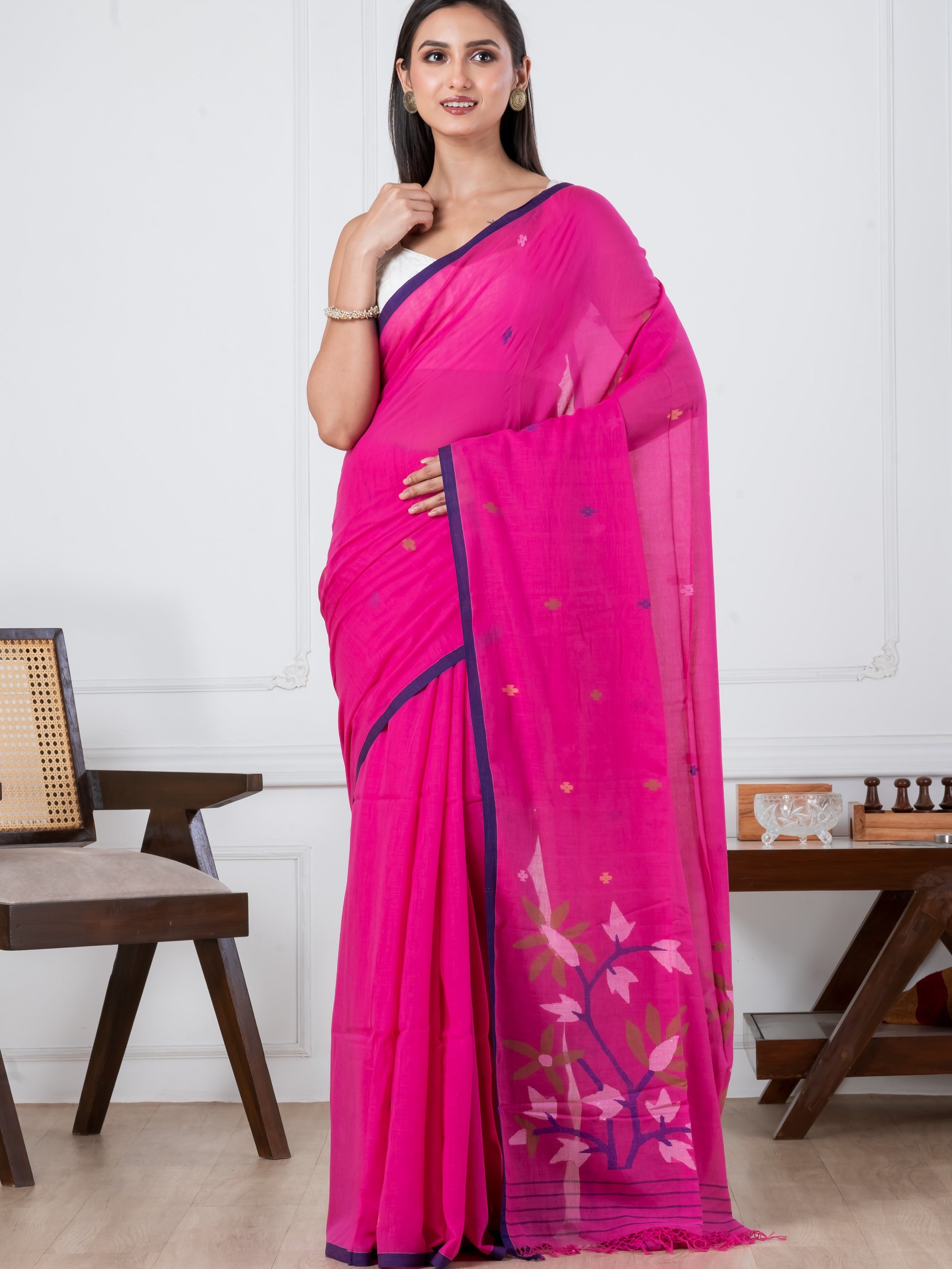 Premium Handloom Super Soft Sweet Pink Tree Jamdani Cotton Saree