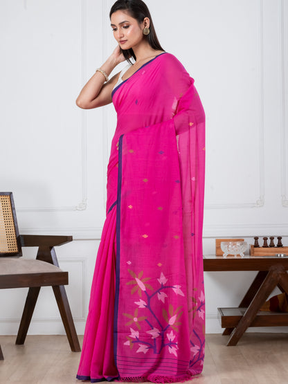 Premium Handloom Super Soft Sweet Pink Tree Jamdani Cotton Saree