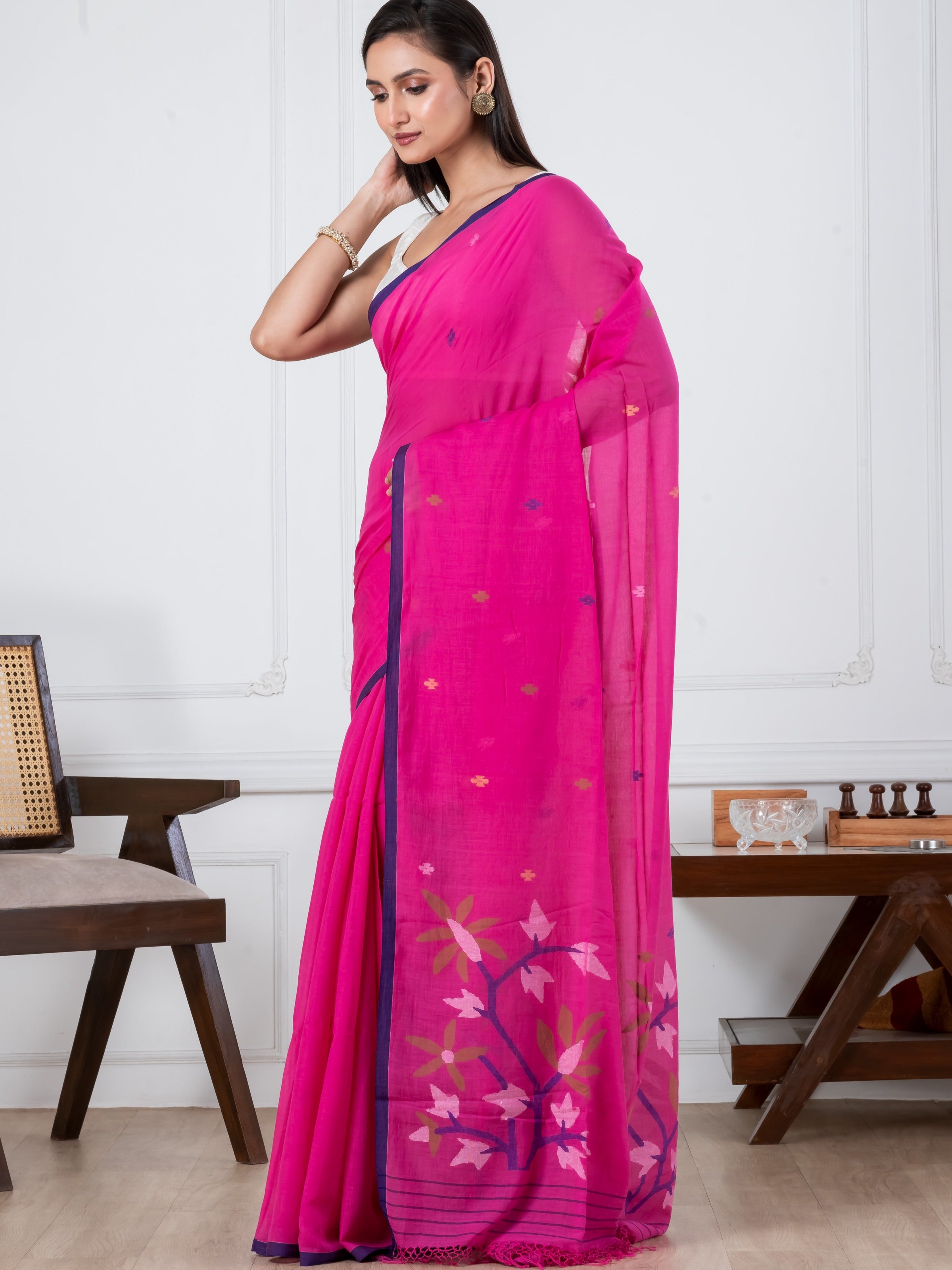 Premium Handloom Super Soft Sweet Pink Tree Jamdani Cotton Saree