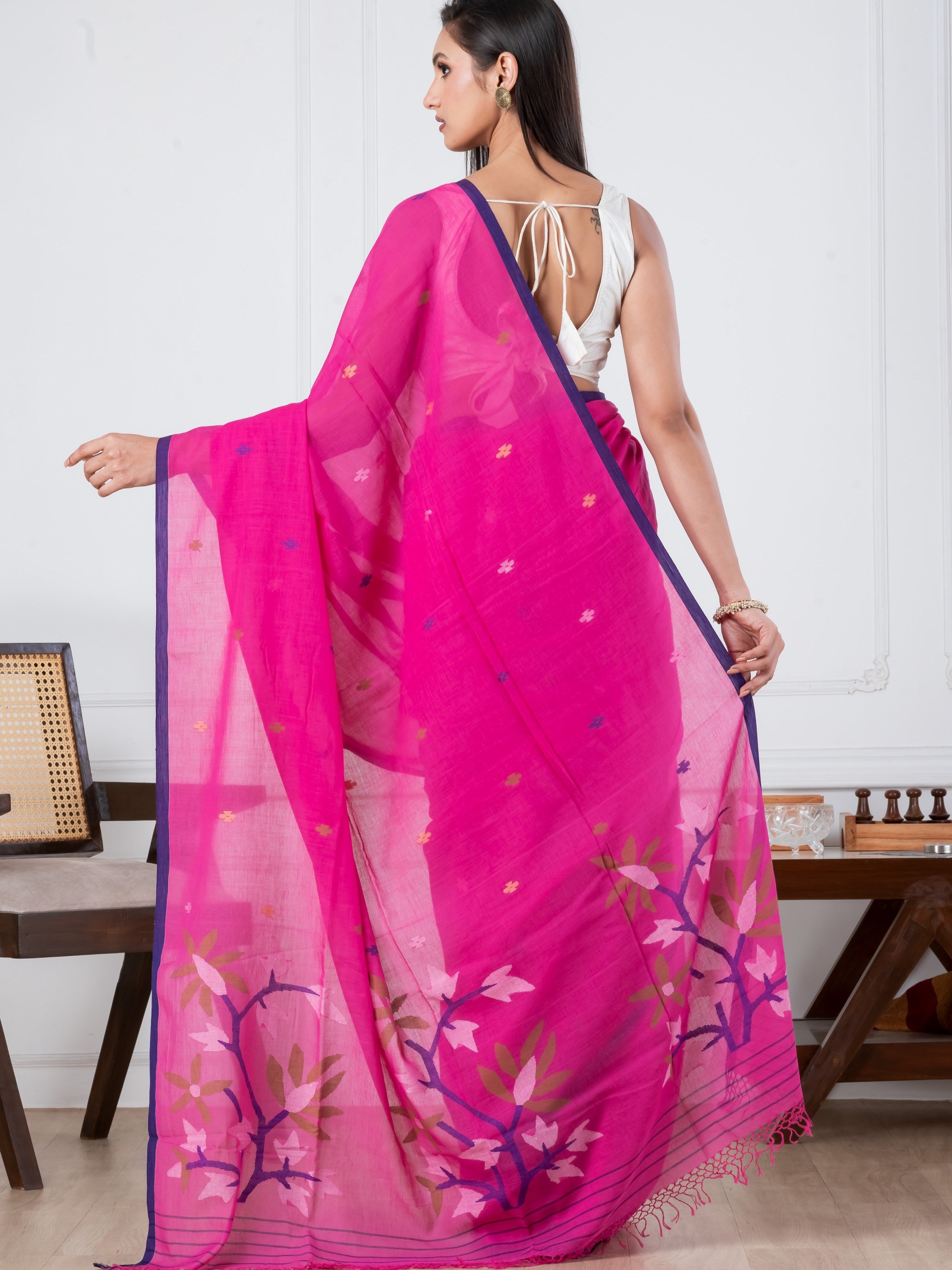 Premium Handloom Super Soft Sweet Pink Tree Jamdani Cotton Saree