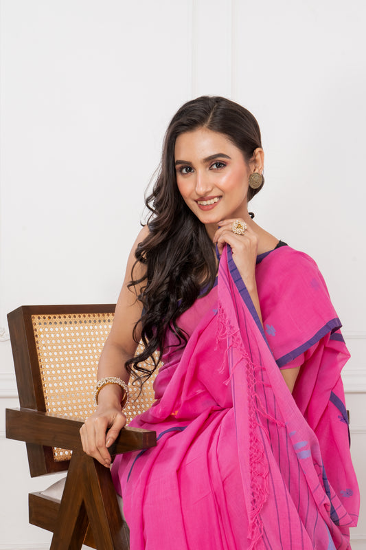 Premium Handloom Super Soft Sweet Pink Jamdani Cotton Saree