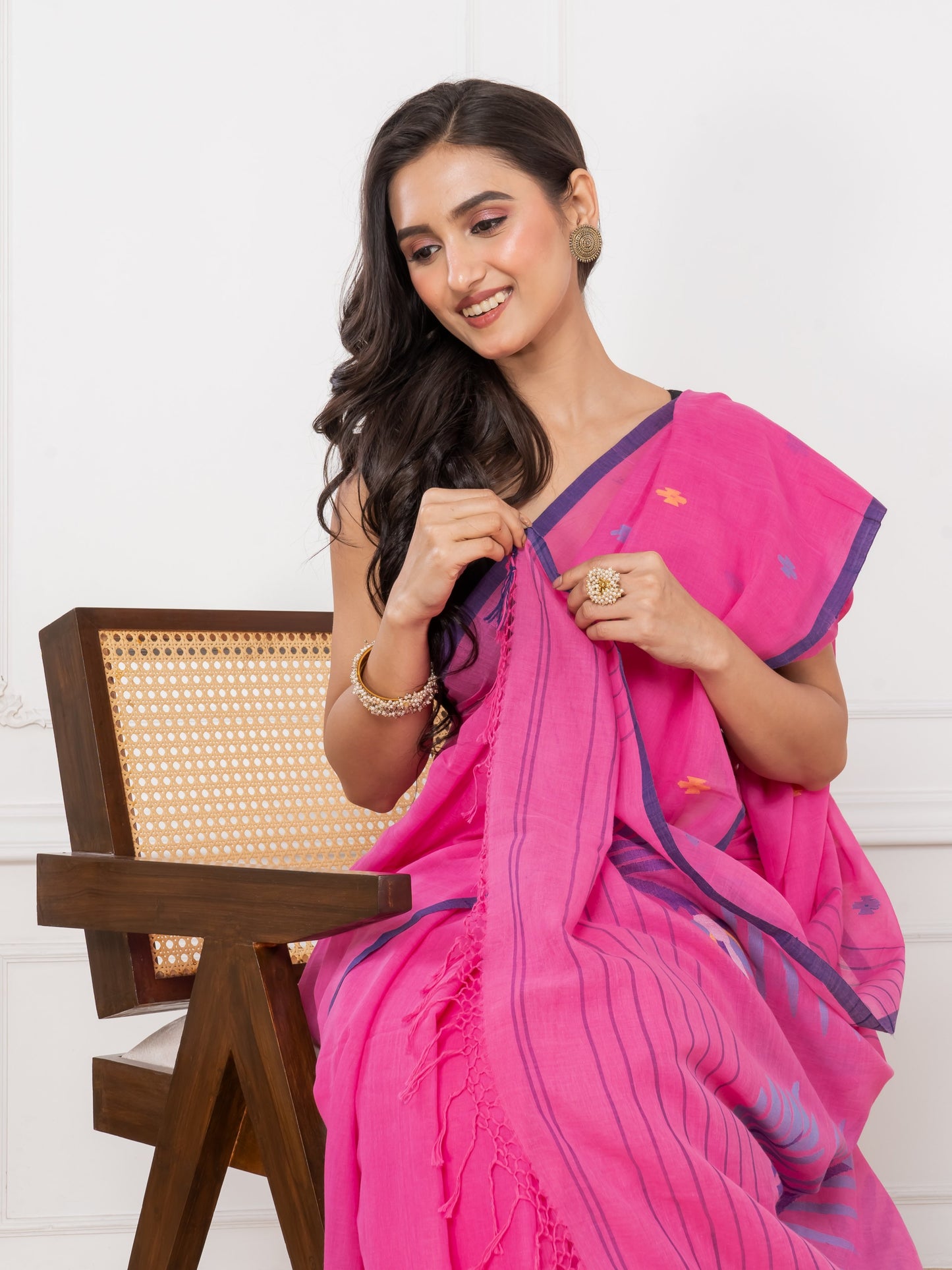 Premium Handloom Super Soft Sweet Pink Jamdani Cotton Saree