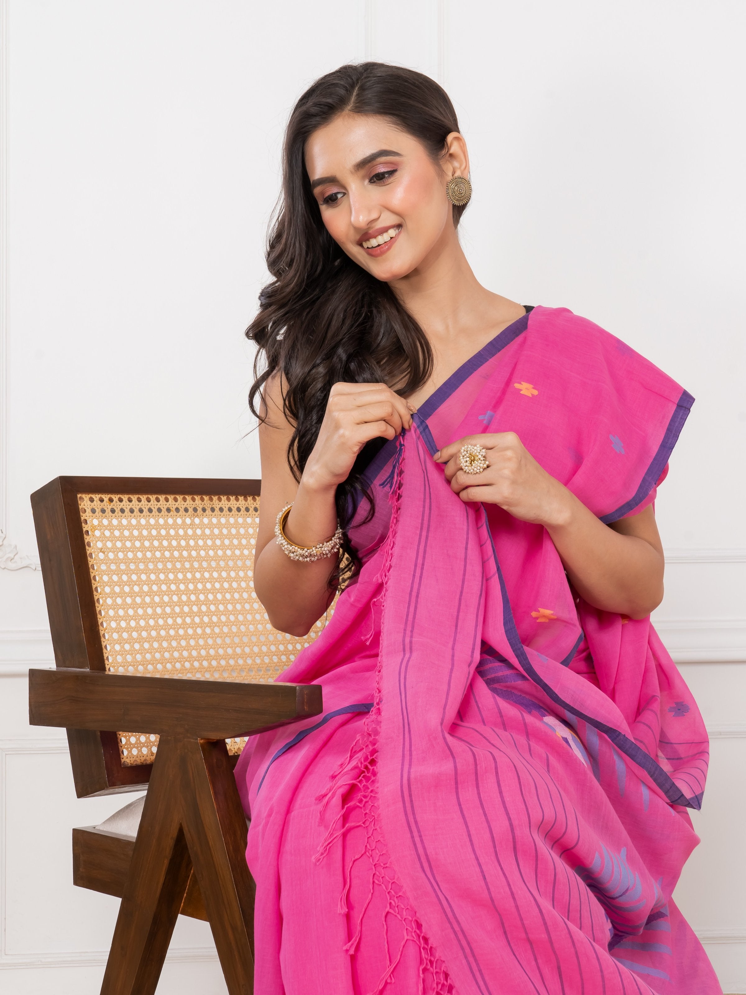 Premium Handloom Super Soft Sweet Pink Jamdani Cotton Saree