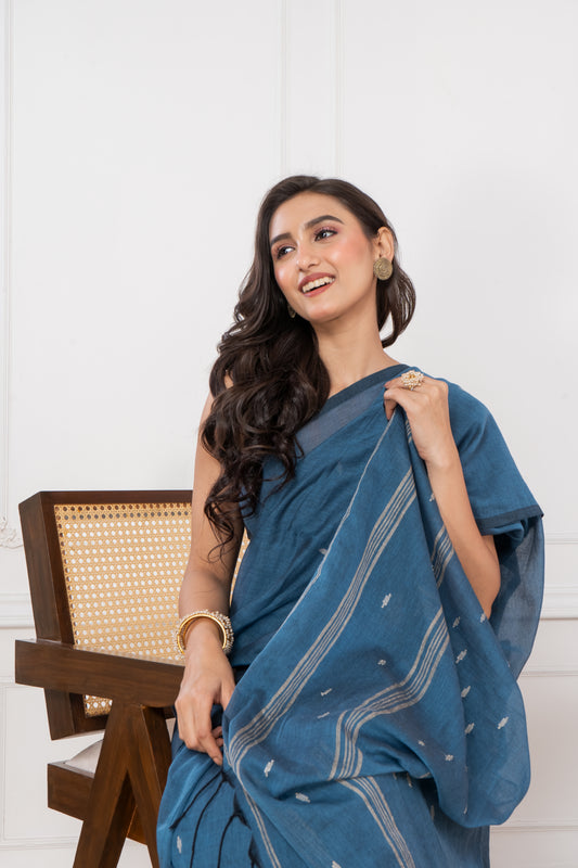 Premium Steel Blue Colour Cotton Saree