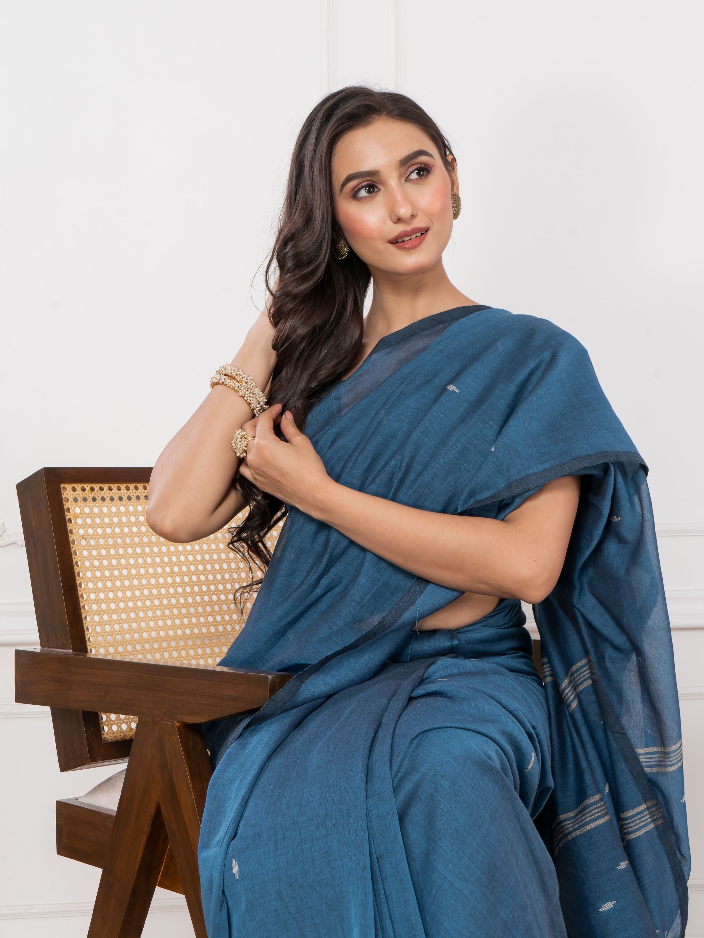 Premium Steel Blue Colour Cotton Saree