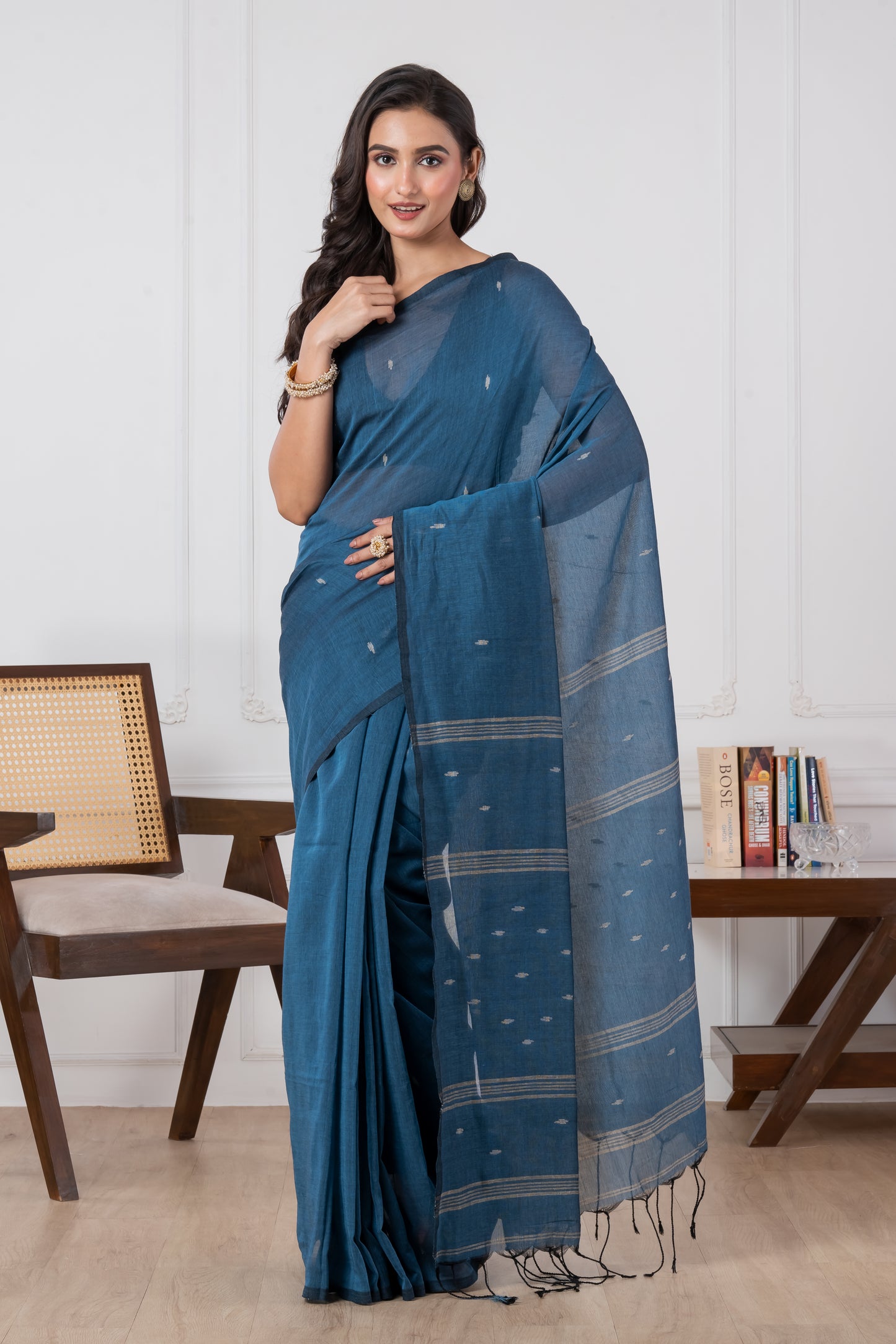 Premium Steel Blue Colour Cotton Saree