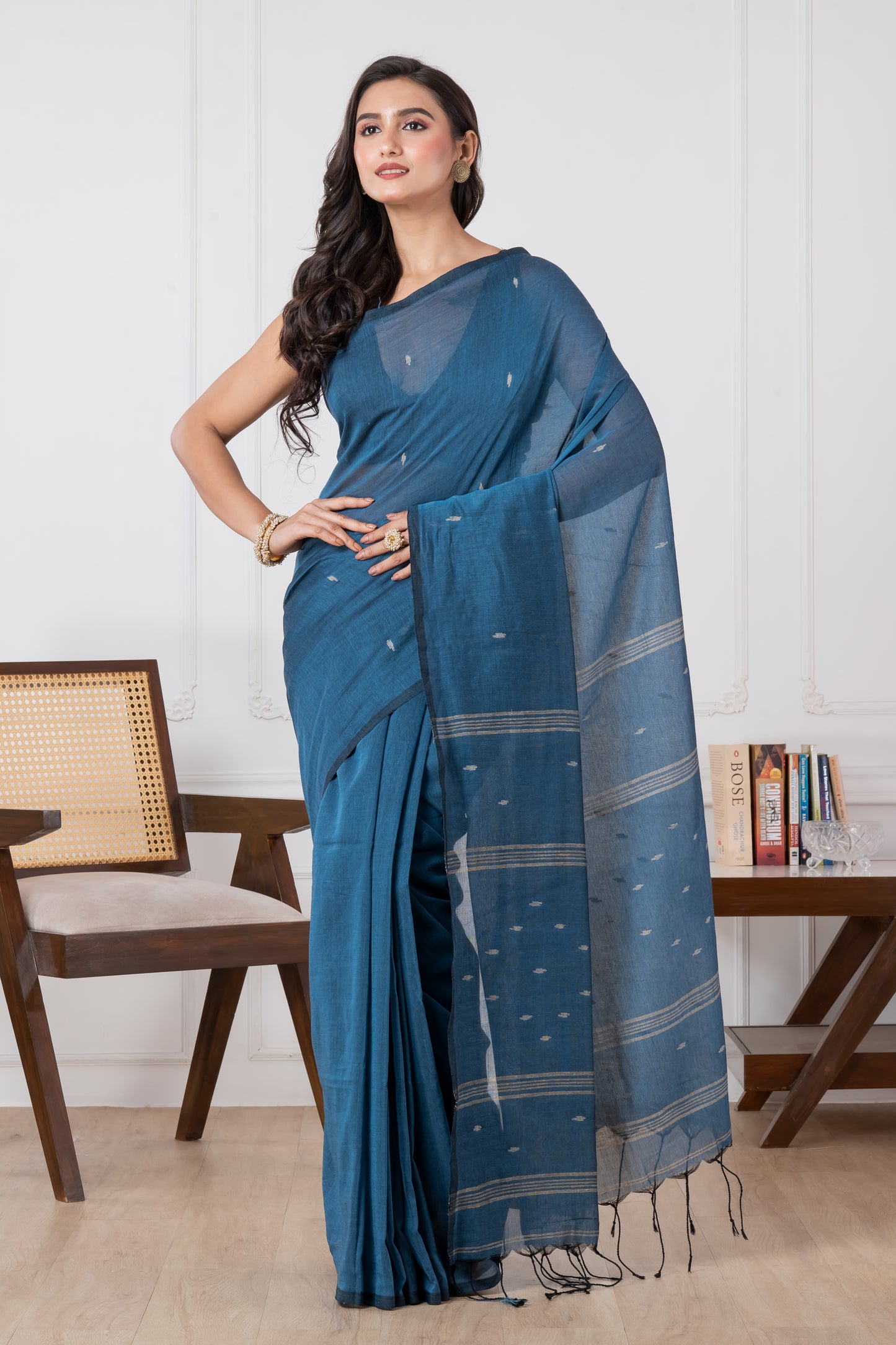 Premium Steel Blue Colour Cotton Saree