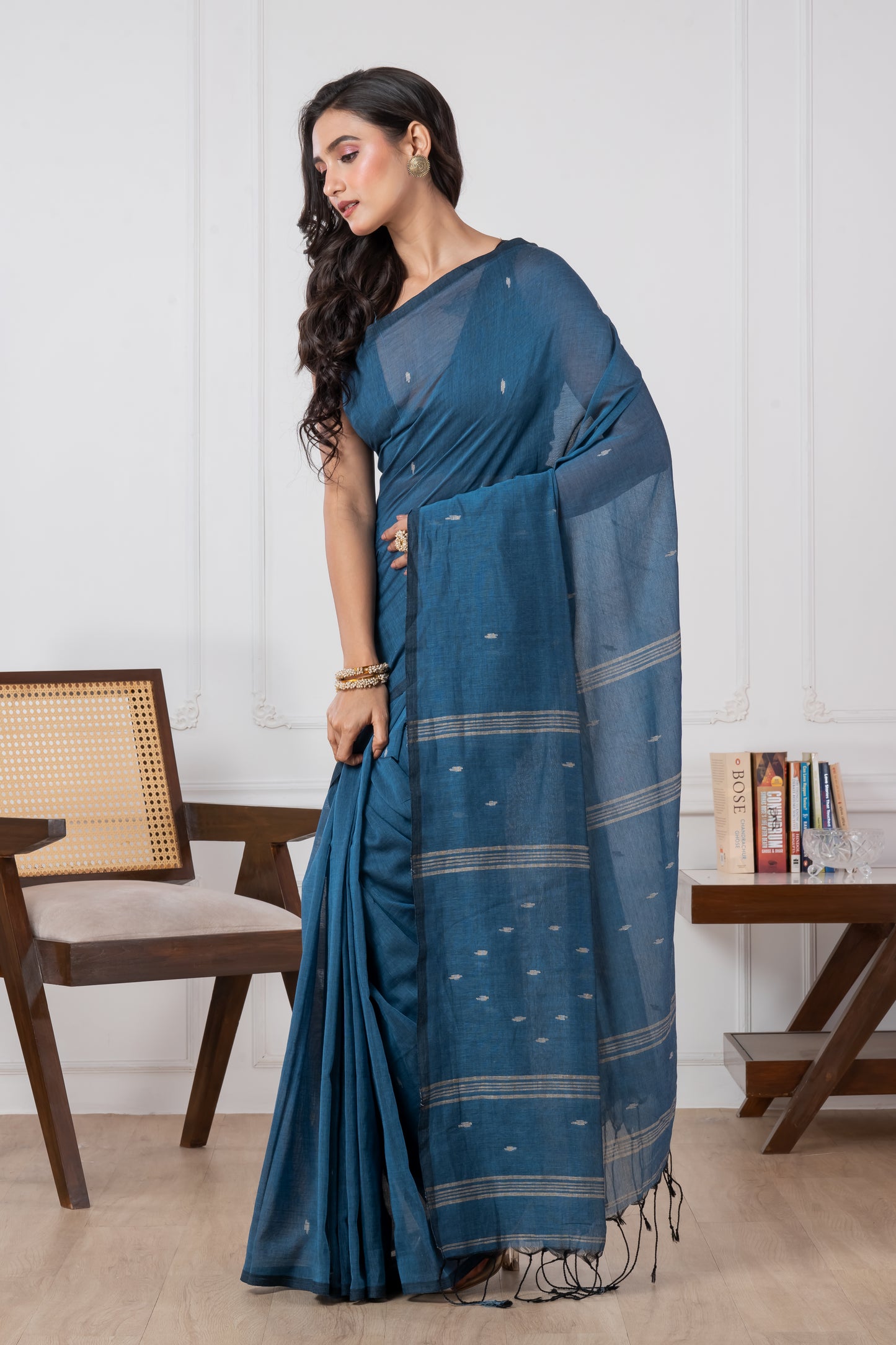 Premium Steel Blue Colour Cotton Saree