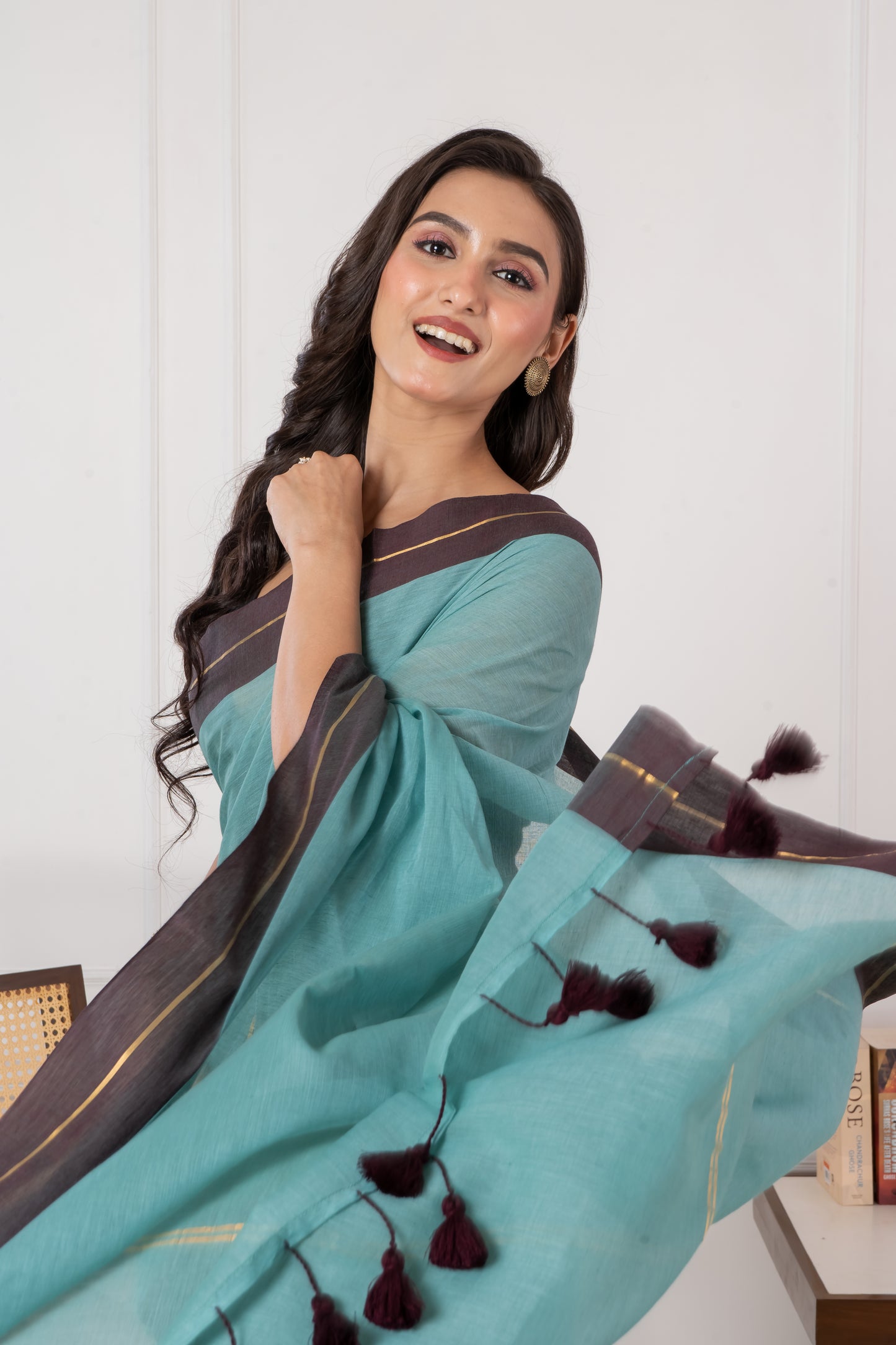 Pure Turquoise Blue & Maroon Border Mul Cotton Saree