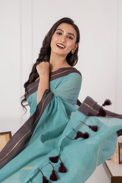 Pure Turquoise Blue & Maroon Border Mul Cotton Saree