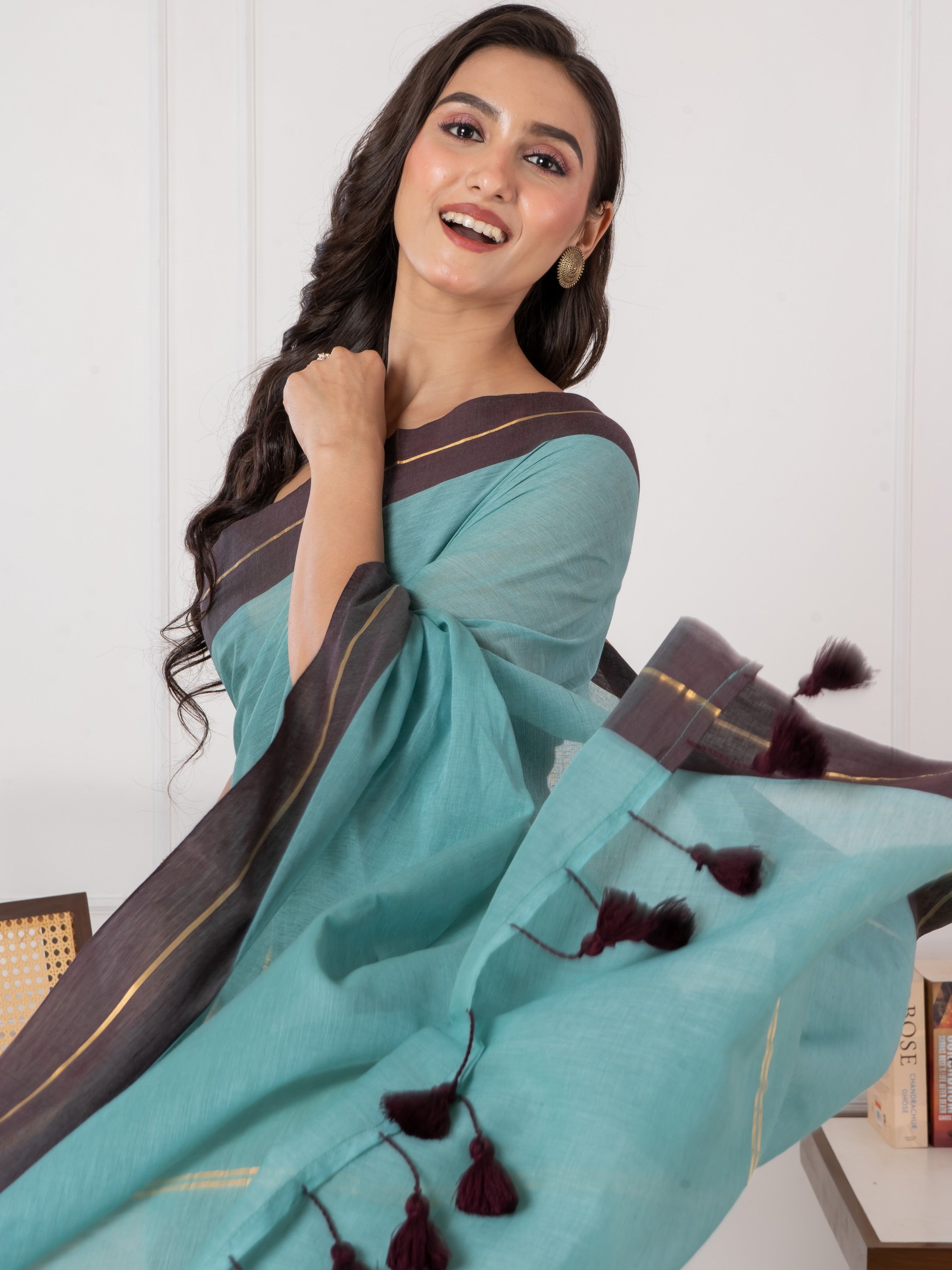 Pure Turquoise Blue & Maroon Border Mul Cotton Saree