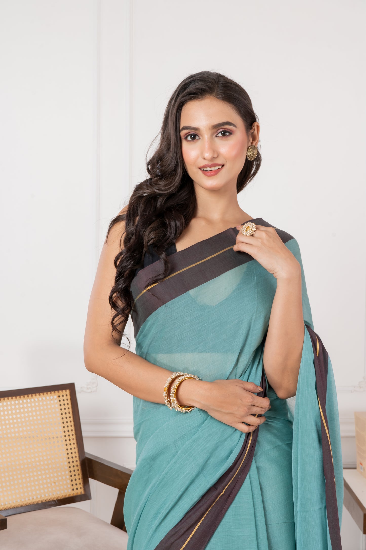 Pure Turquoise Blue & Maroon Border Mul Cotton Saree