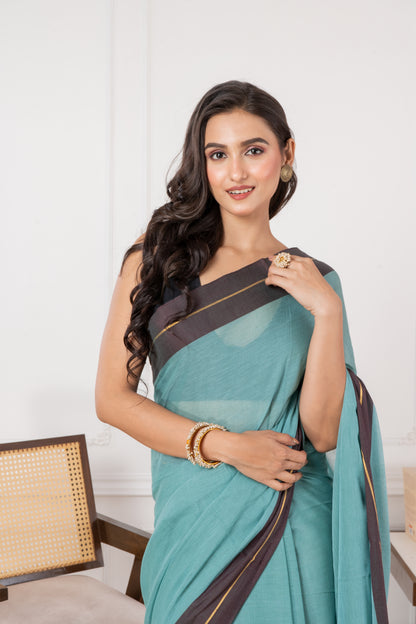 Pure Turquoise Blue & Maroon Border Mul Cotton Saree