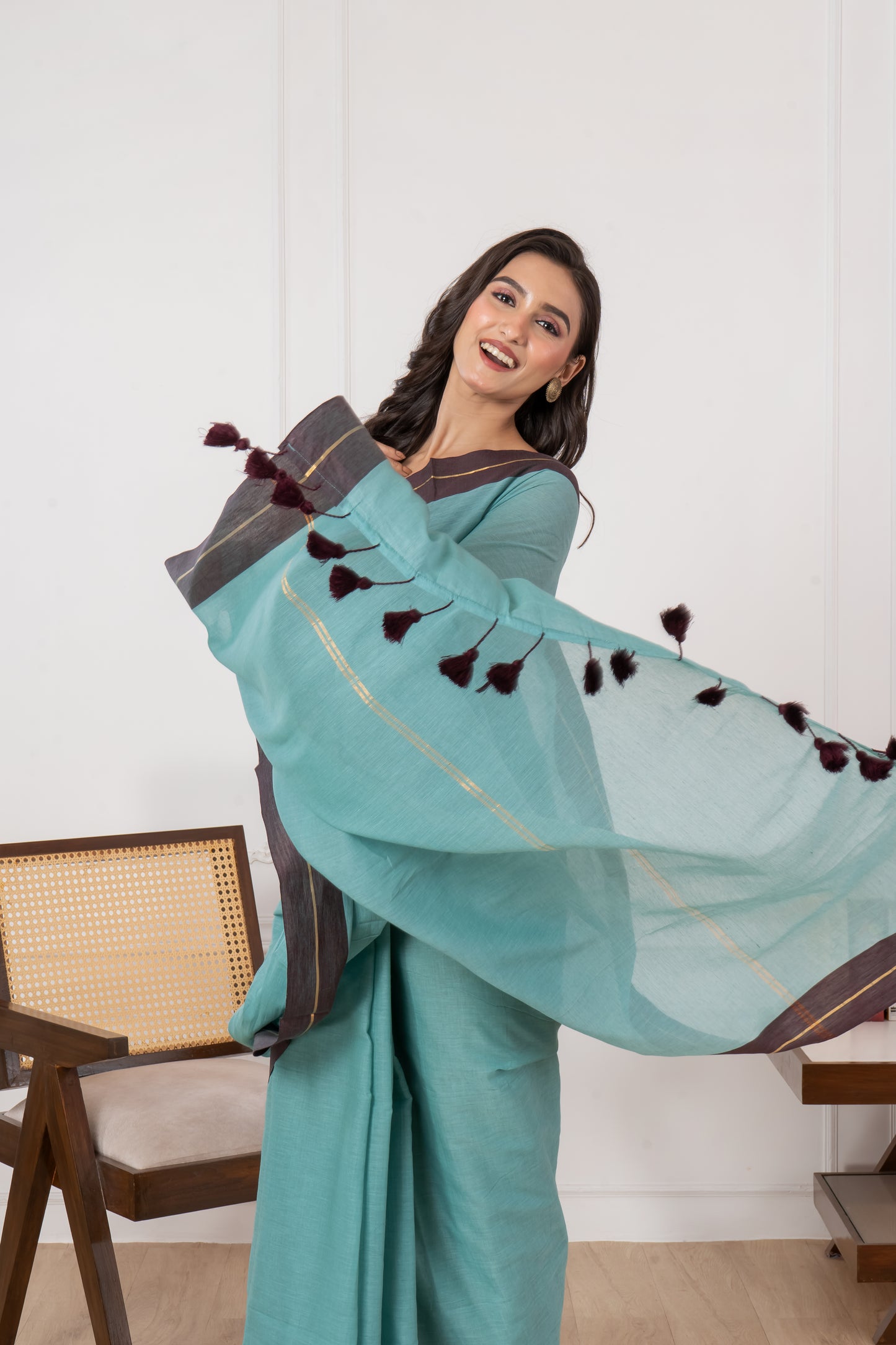 Pure Turquoise Blue & Maroon Border Mul Cotton Saree