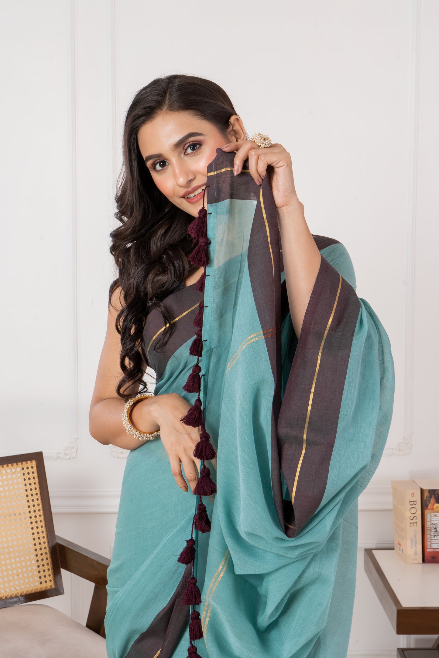 Pure Turquoise Blue & Maroon Border Mul Cotton Saree