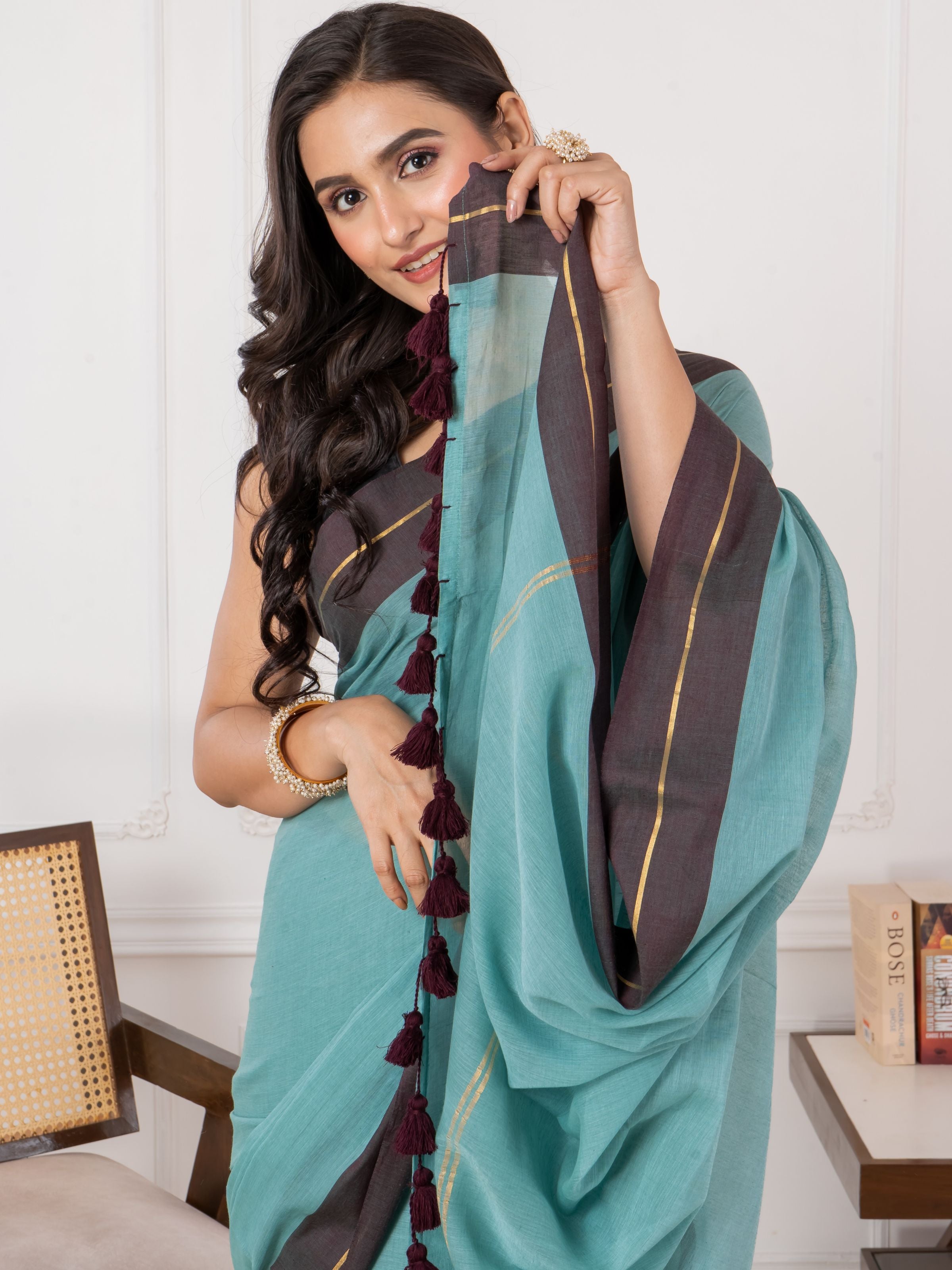 Pure Turquoise Blue & Maroon Border Mul Cotton Saree