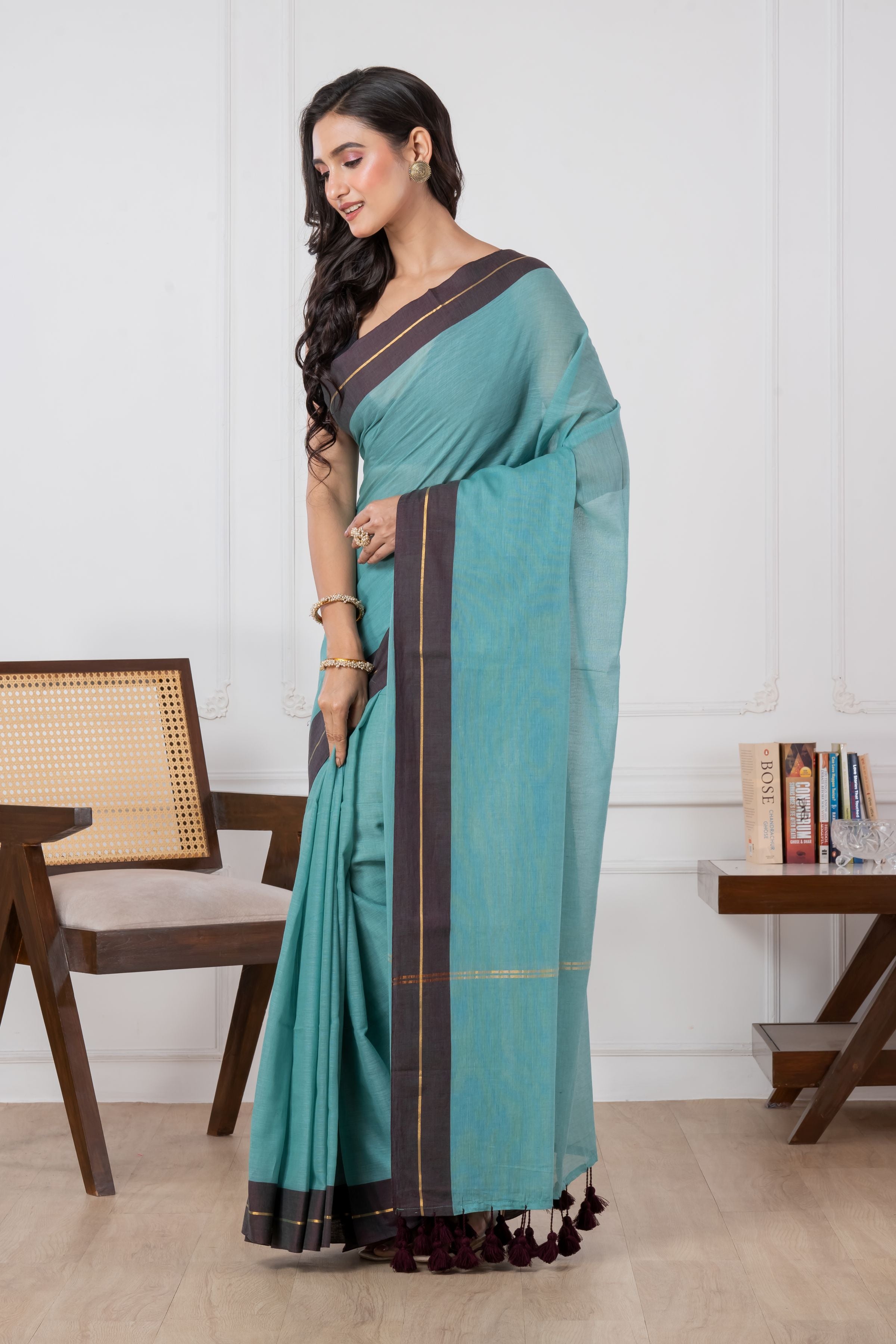 Pure Turquoise Blue & Maroon Border Mul Cotton Saree