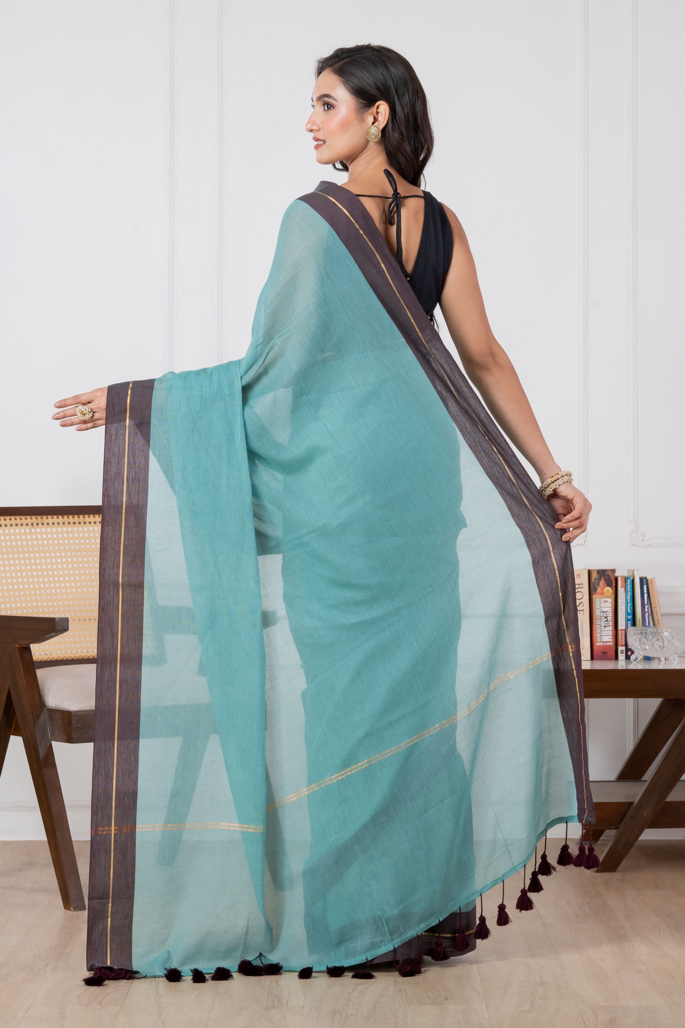 Pure Turquoise Blue & Maroon Border Mul Cotton Saree