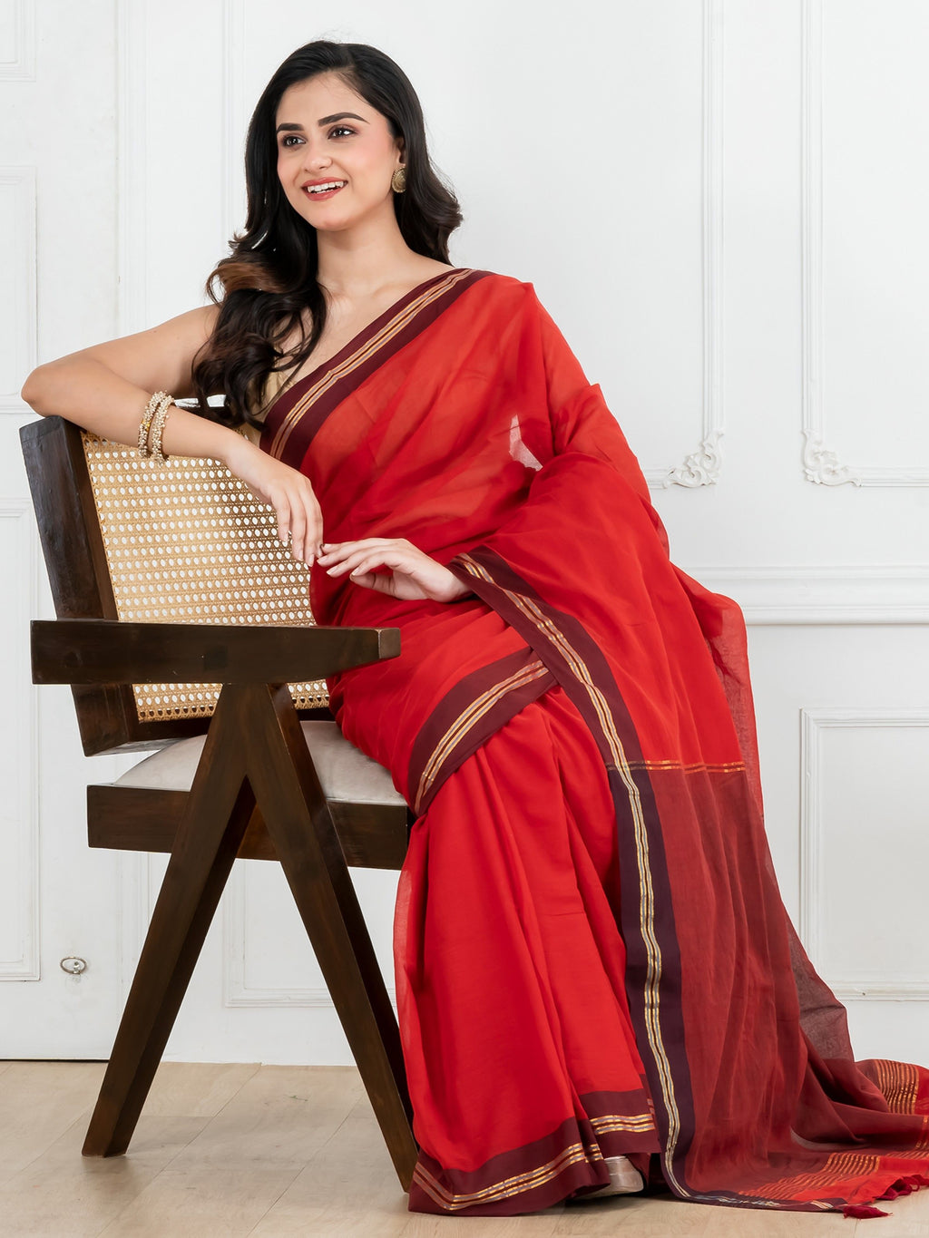Red Body Maroon Border Mulmul Saree
