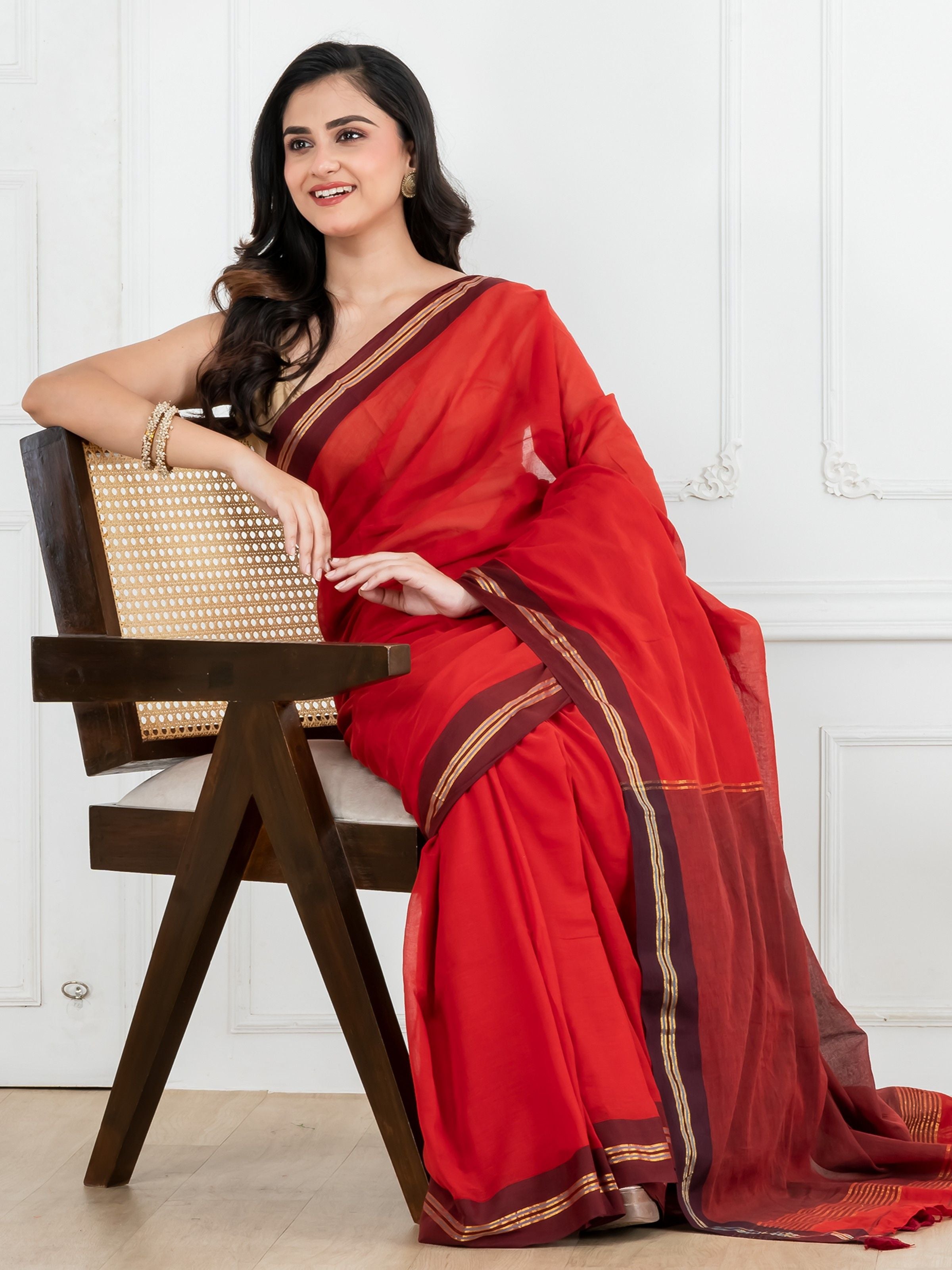 Red Body Maroon Border Mulmul Saree