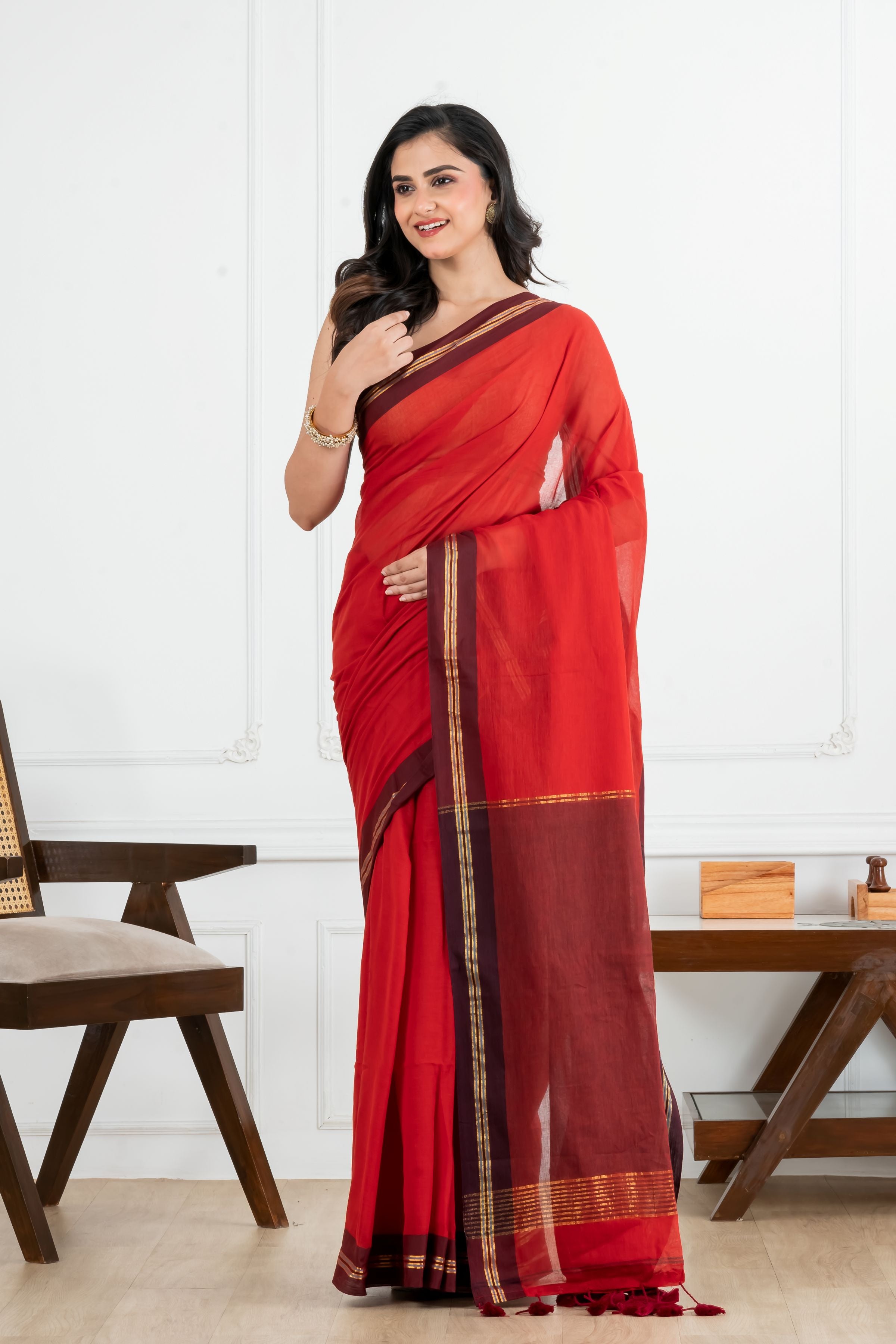 Red Body Maroon Border Mulmul Saree