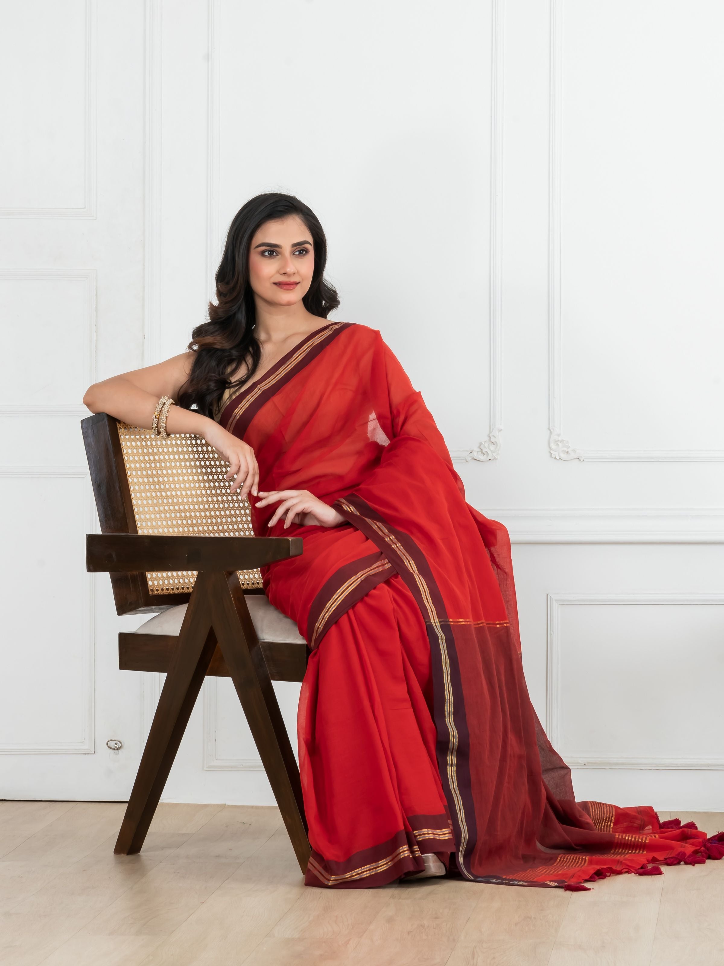 Red Body Maroon Border Mulmul Saree