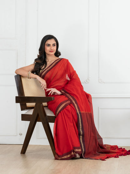Red Body Maroon Border Mulmul Saree