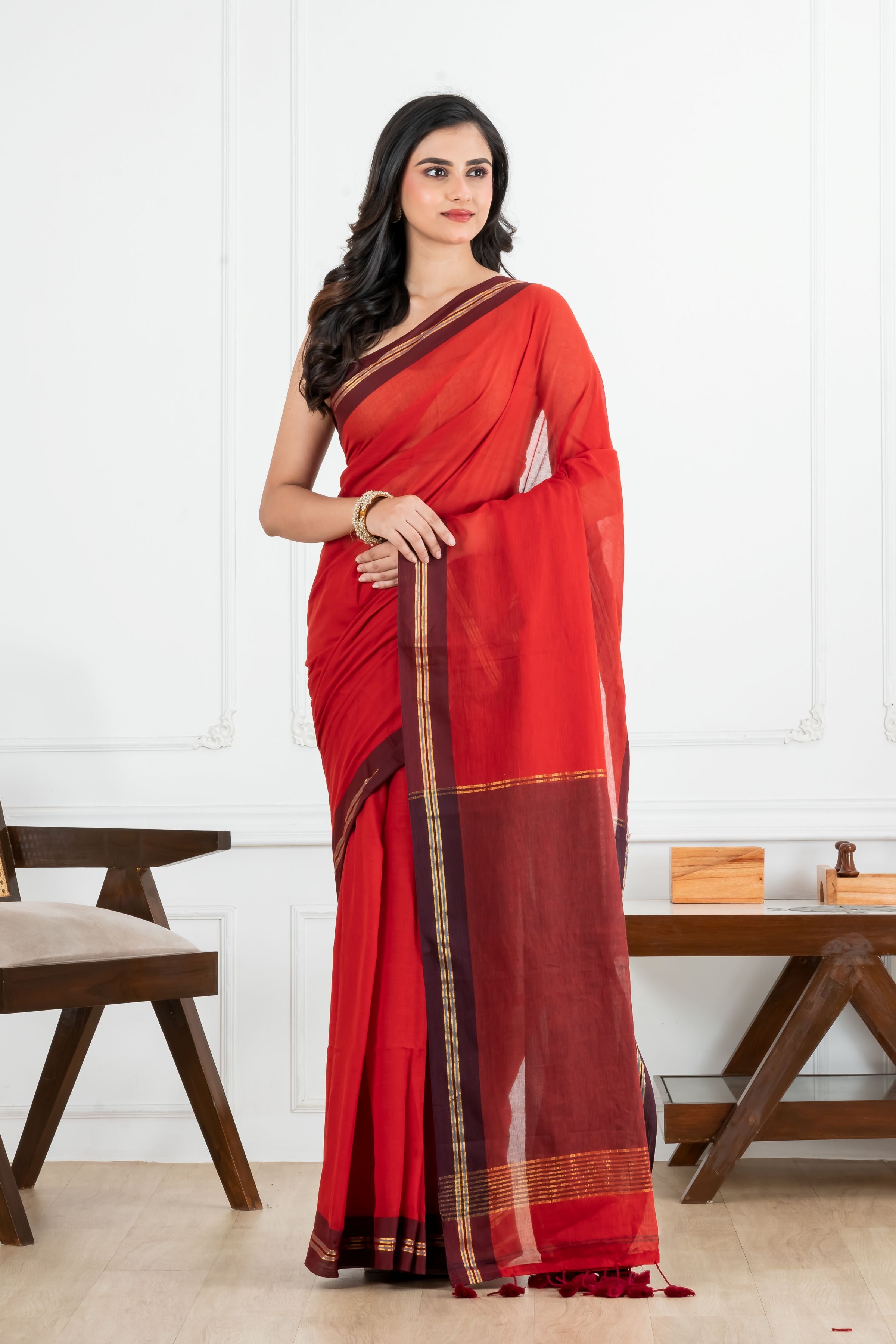 Red Body Maroon Border Mulmul Saree