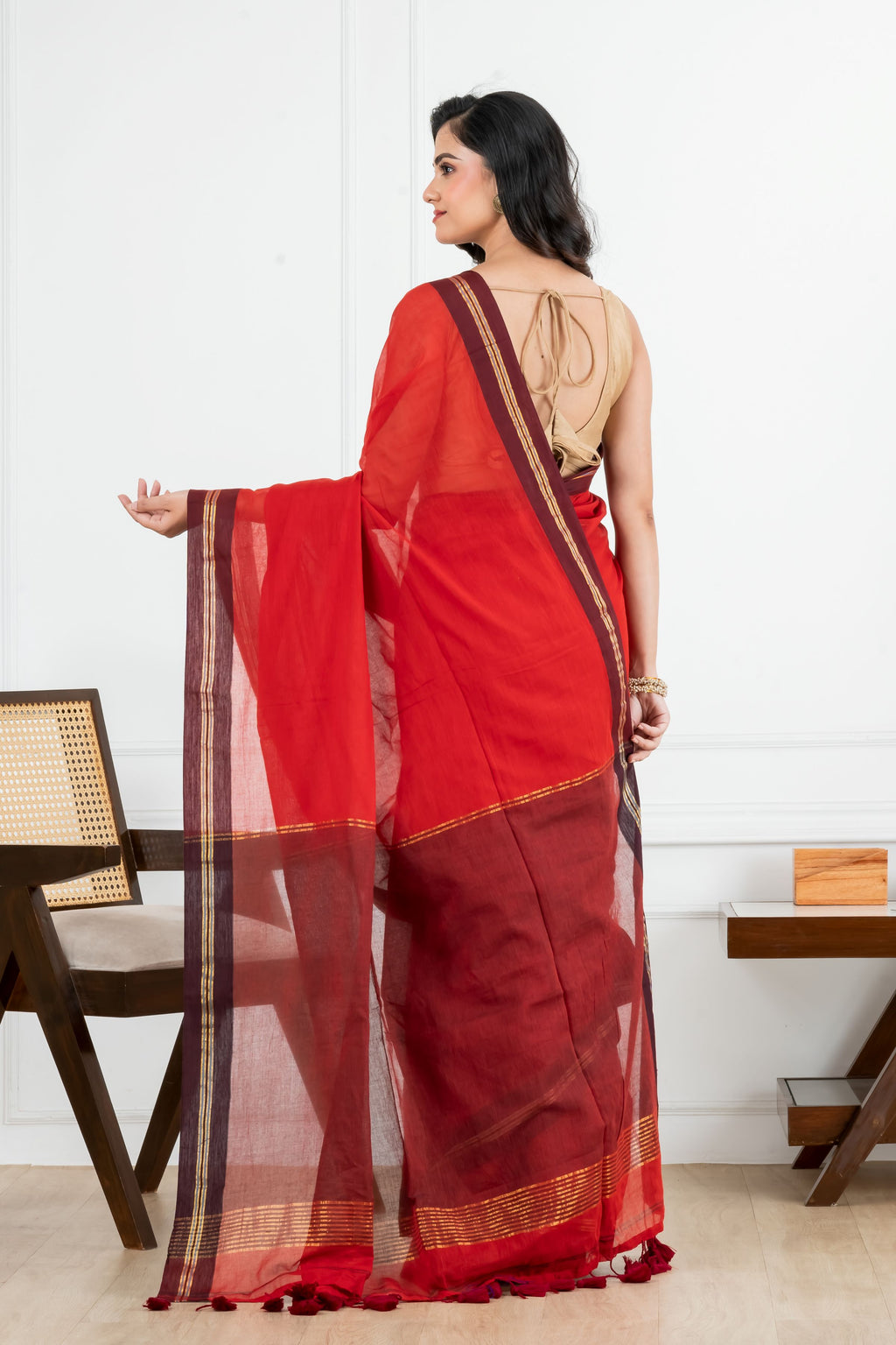 Red Body Maroon Border Mulmul Saree