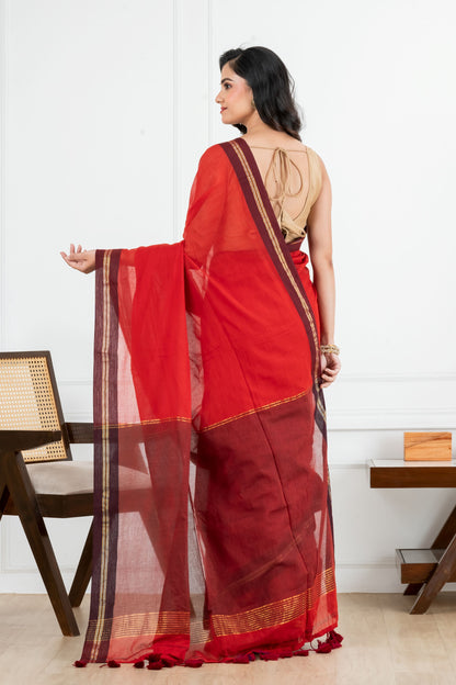 Red Body Maroon Border Mulmul Saree