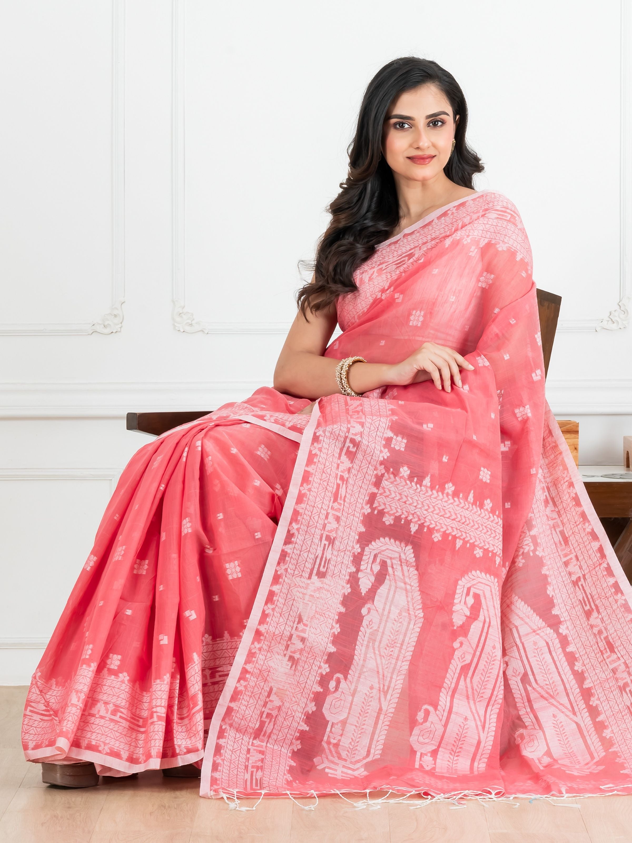 Red Jamdani Cotton Saree