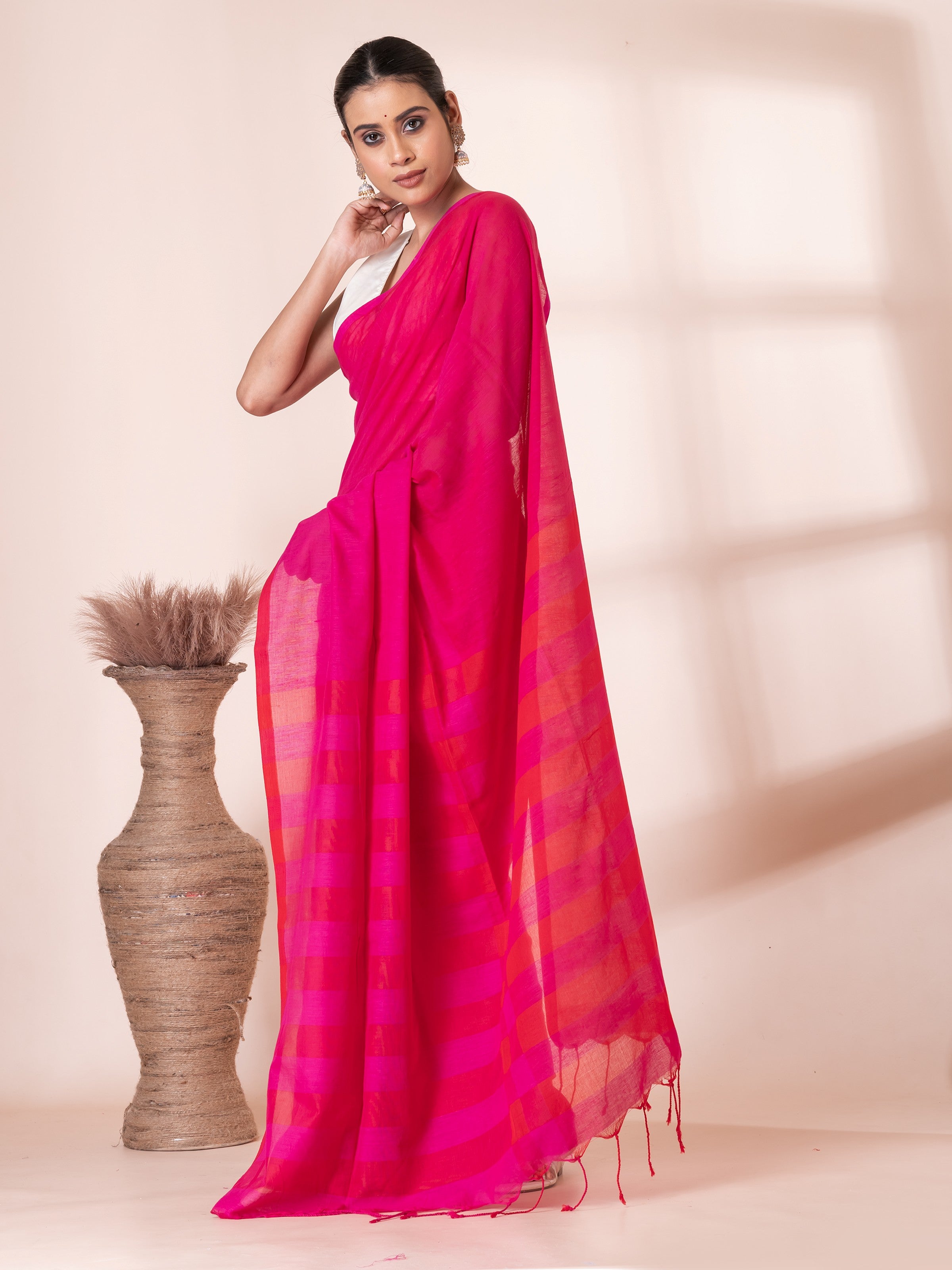Red Pink Handloom Mul Cotton Saree