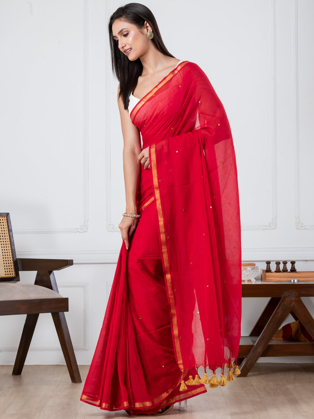 Red Sequence Mulmul Cotton Saree
