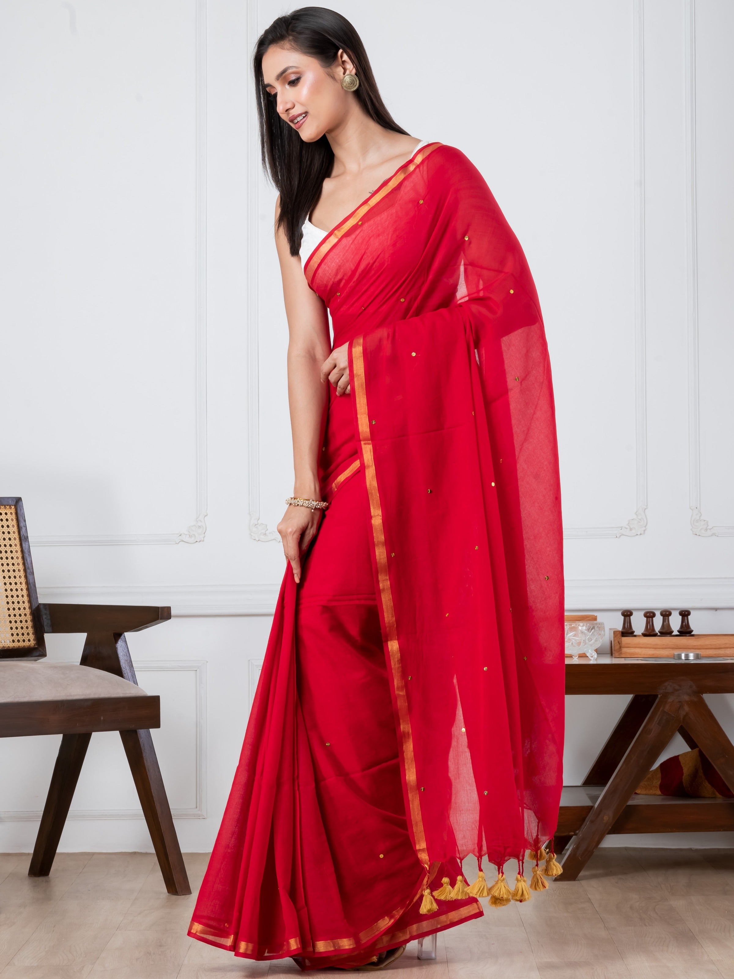 Red Sequence Mulmul Cotton Saree