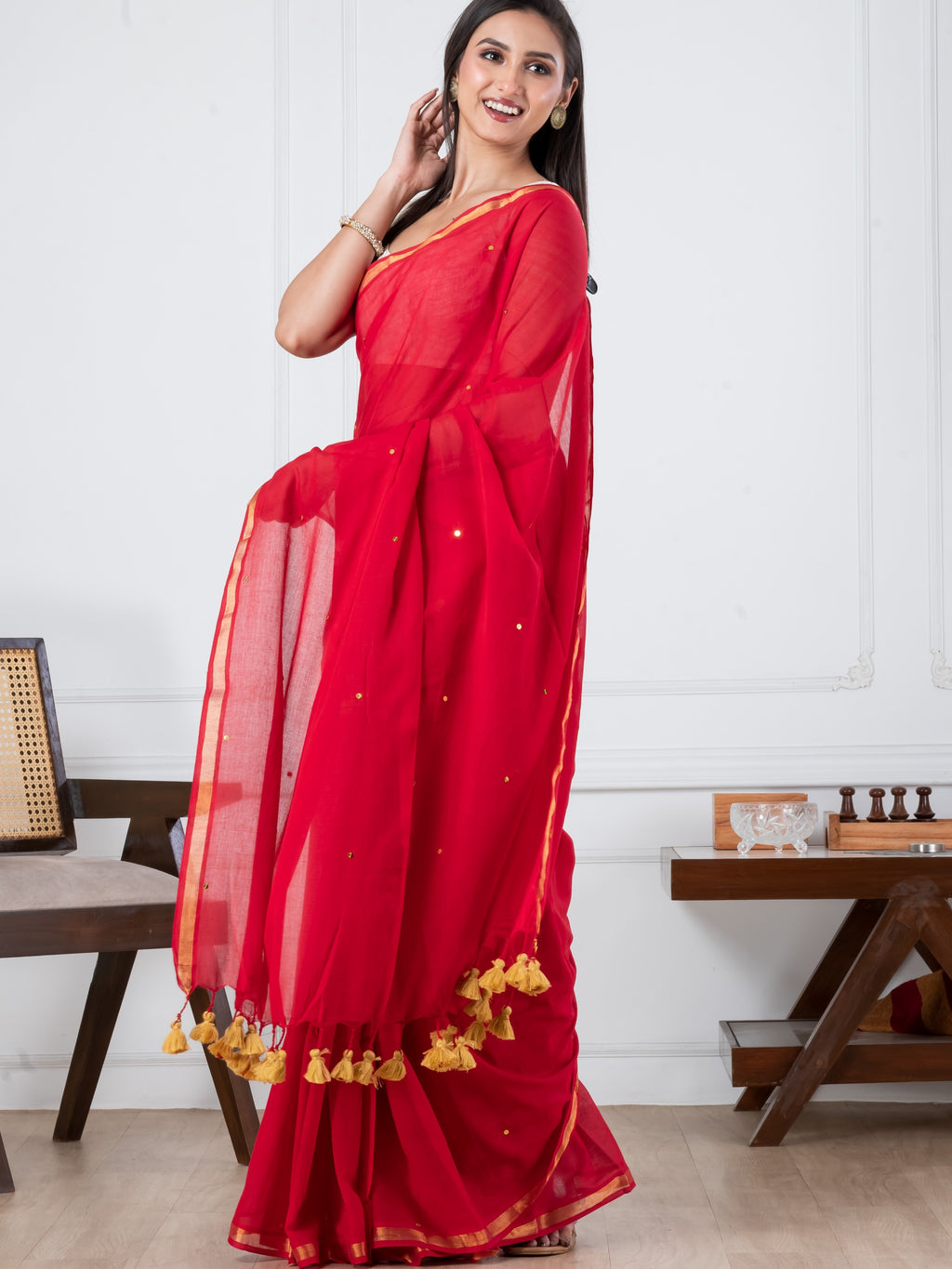 Red Sequence Mulmul Cotton Saree